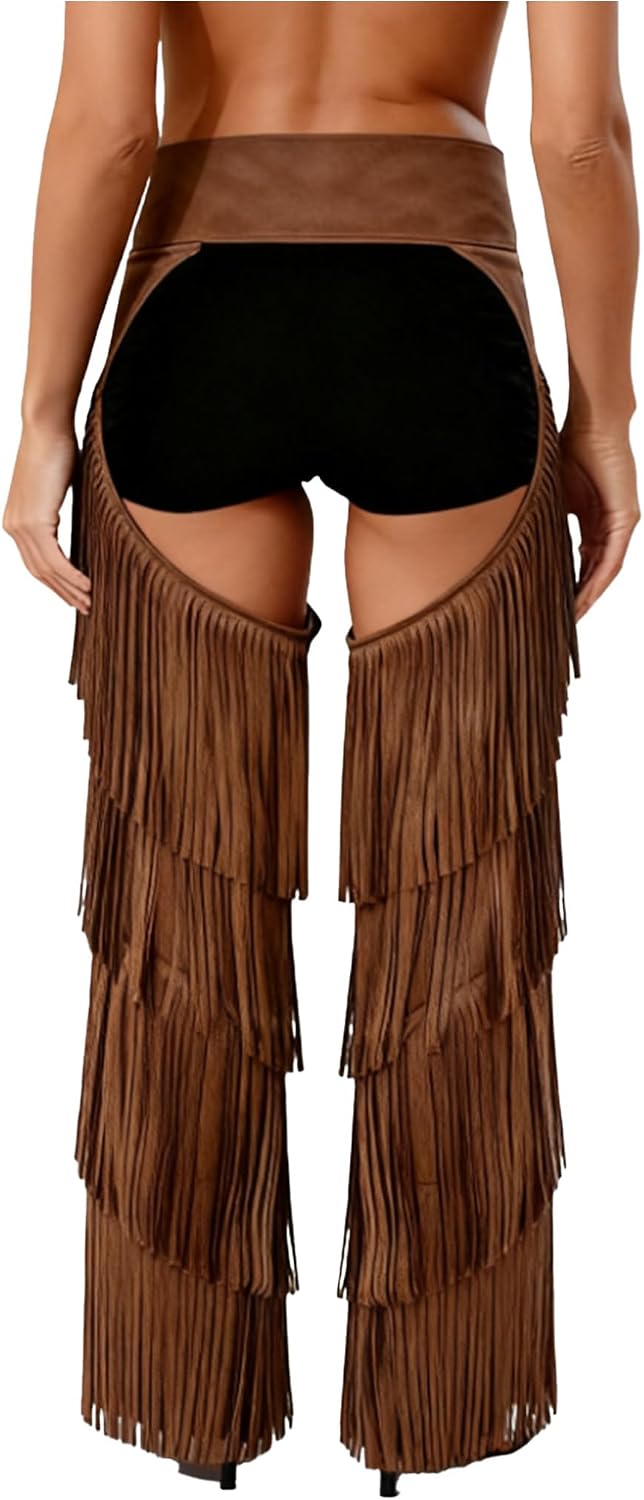 TiaoBug Womens Cowboy Chaps Pants Layered Fringe Hollow Out Western Chaps Trousers Motorcycle Rave Outfits