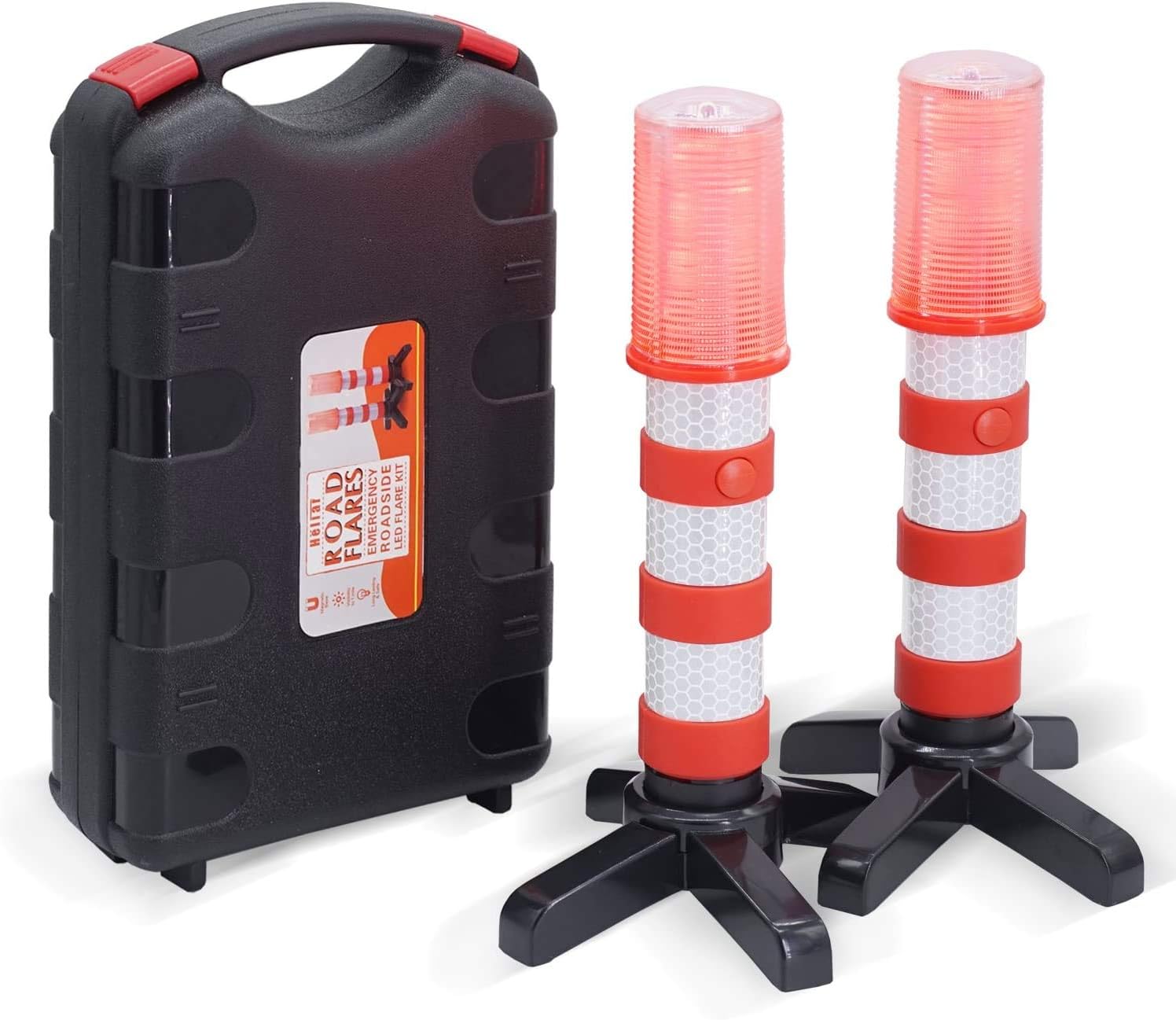 Early Warning LED Road Flares, Alternative to Roadside Safety Triangle, High Reflective, Far Visible, 2 Pack Kit with Storage Case (Red)