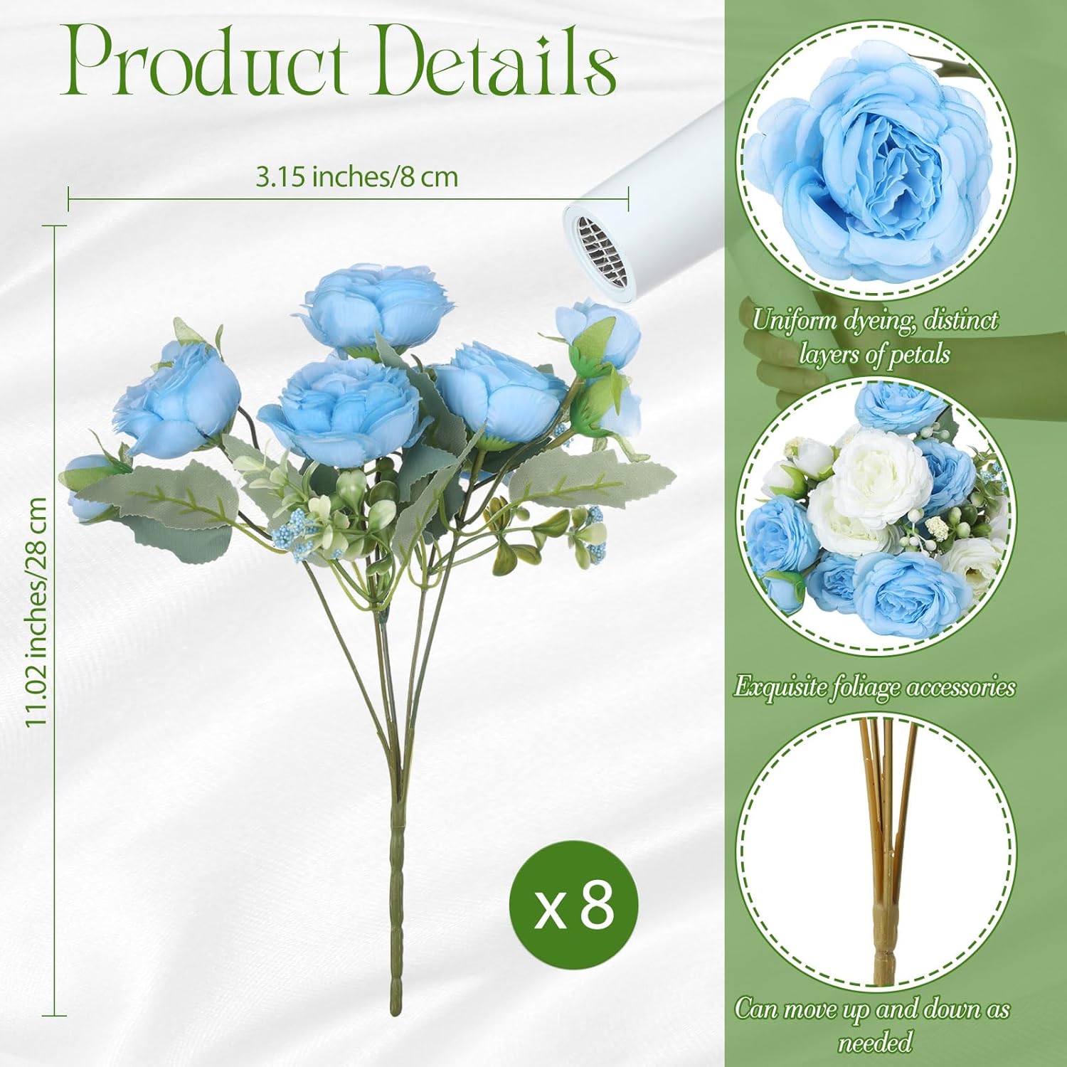 Geosar 8 Bundles Artificial Peonies Flowers Fake Silk Peony Bouquet Faux Peonies Flowers Bulk for Decoration Vase Floral Arrangements Wedding Party Table (Blue,White) - Image 2