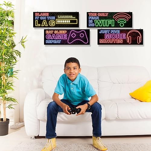 Miniatura 5 de 4 piezas de decoración de juegos de neón para habitación de niños, arte de pared de videojuegos de madera, citas motivacionales, placas colgantes