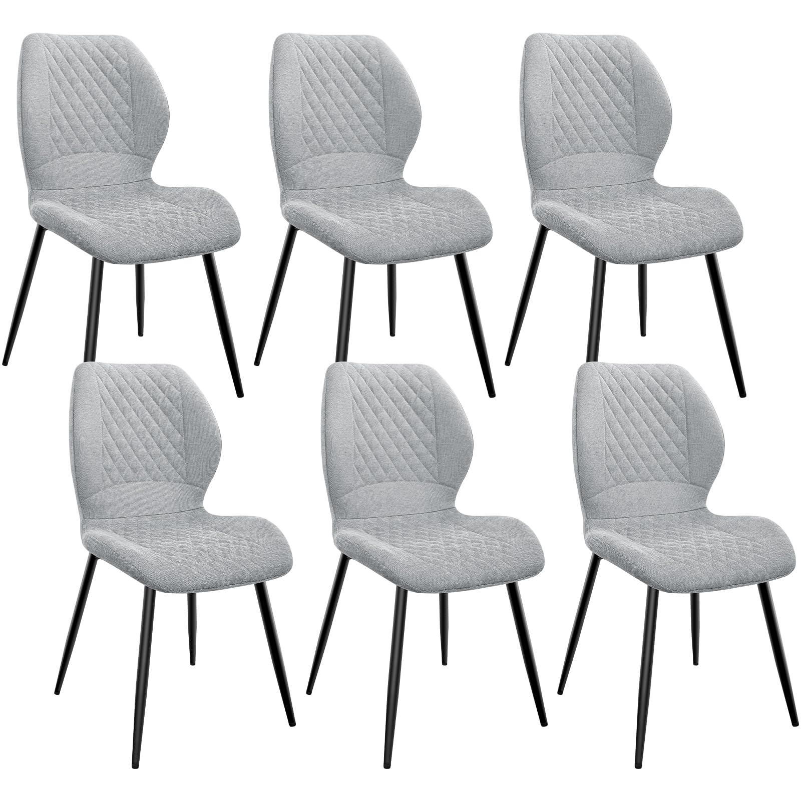 FRUOGO Pack de 6 Sillas de Comedor, Modernas Cocina Sillas, Dormitorio Sillas,con cojín de Espuma de Lino, Patas de Metal y Tapizado con Patrón de Diamante,Gris.