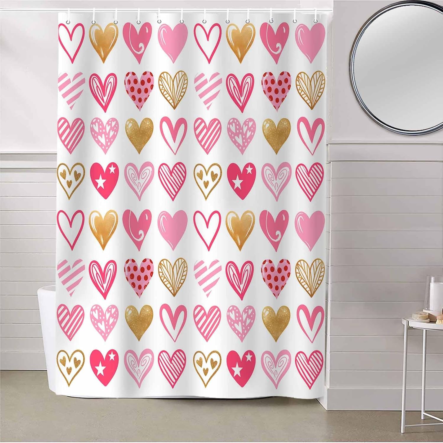 Shower Curtain Valentine's Day Pink Yellow Love Heart Type Polyester Fabric Shower Curtain with Hooks,Waterpoof Shower Curtains for Bathroom Showers and Bathtubs 54x78in