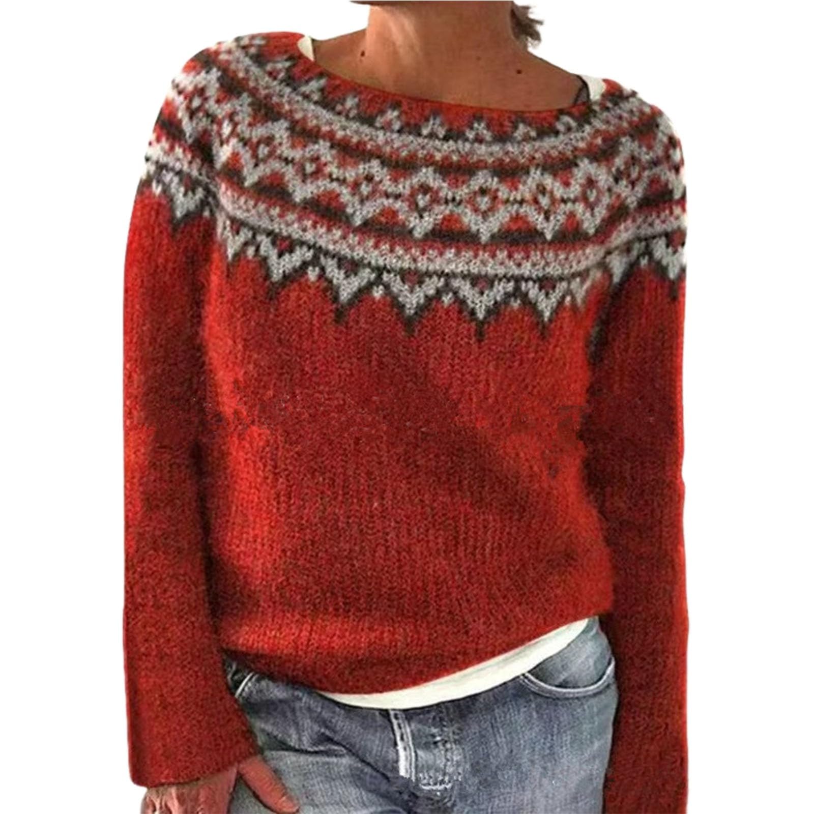 Fair Isle Sweater Women Boho Knitted Vintage Sweaters Argyle Crochet Crewneck Long Sleeve Pullover Tops Trendy 2025
