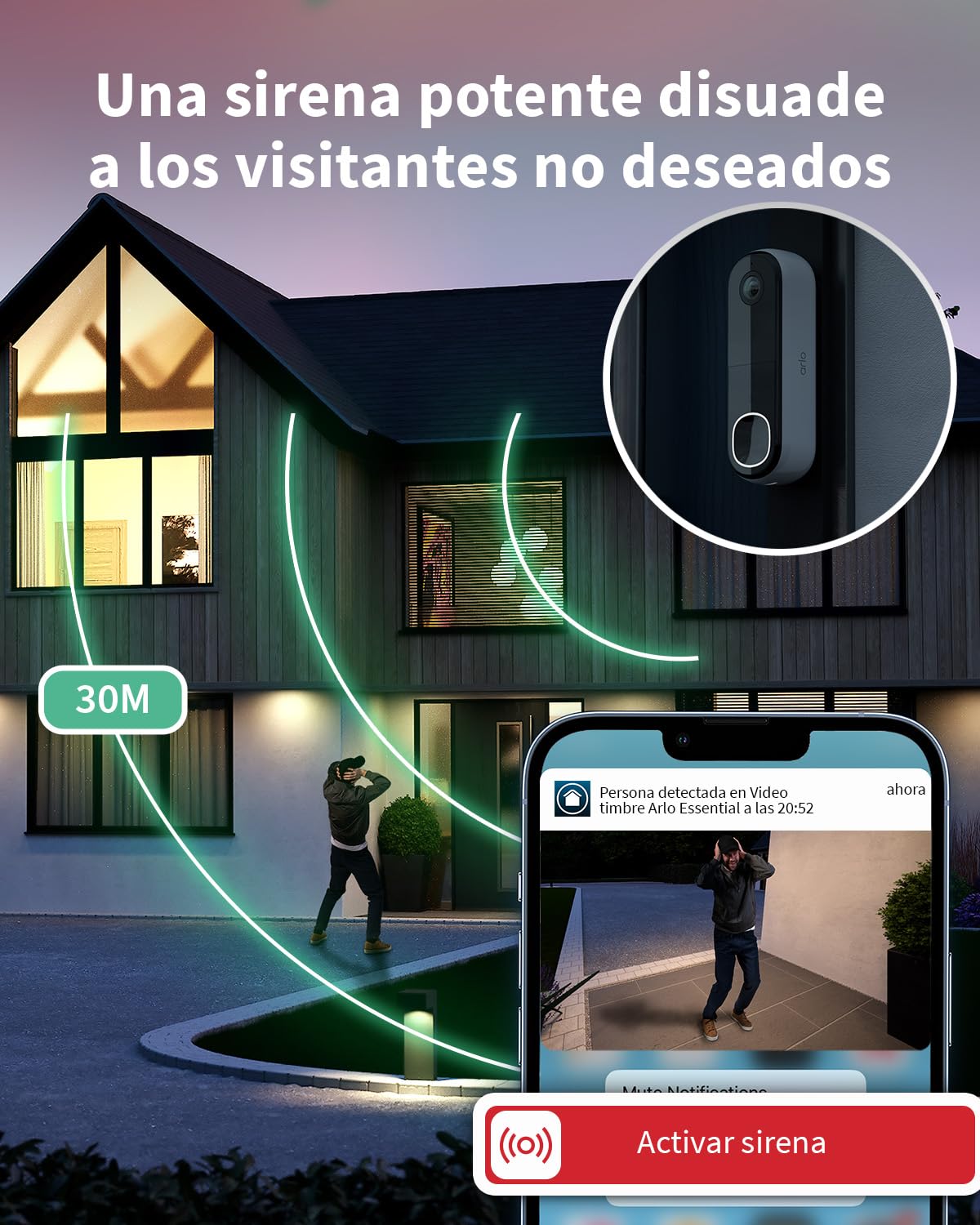 Arlo Essential FHD Videoportero WiFi, Timbre Inalámbrico Exterior, Timbre Casa, Detector De Movimiento, Visión Nocturna, Audio Bidireccional, Prueba de Secure App Incluida, 1 Cámara, Blanca