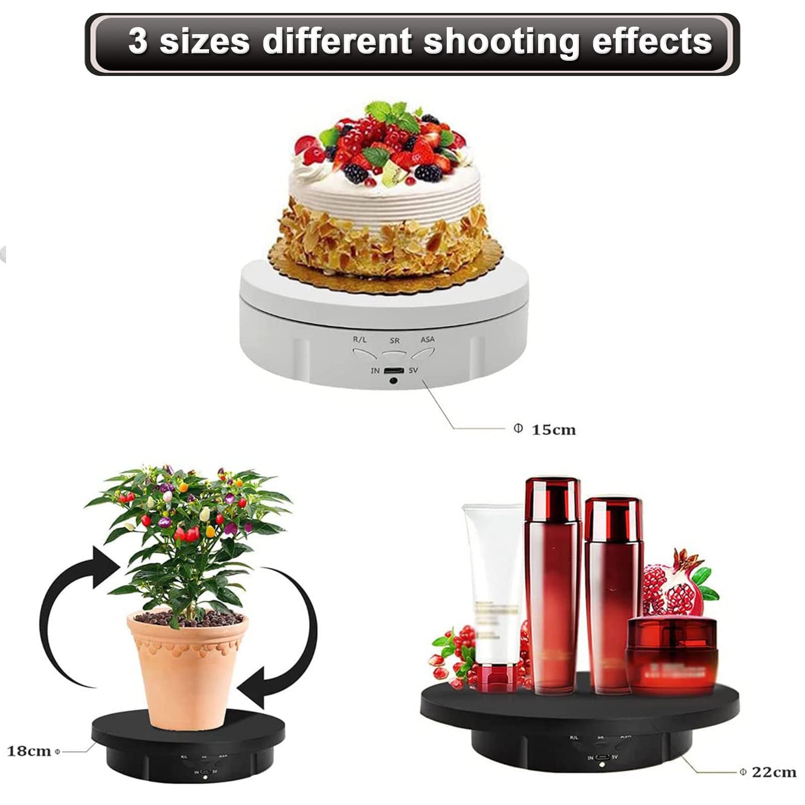Espositore Girevole Elettrico con Piastre di Ricambio da 18 cm / 22 cm, Display Giradischi Girevole 3 in 1 Carico da 10 kg Display per Fotografia Giradischi Display per Giradischi