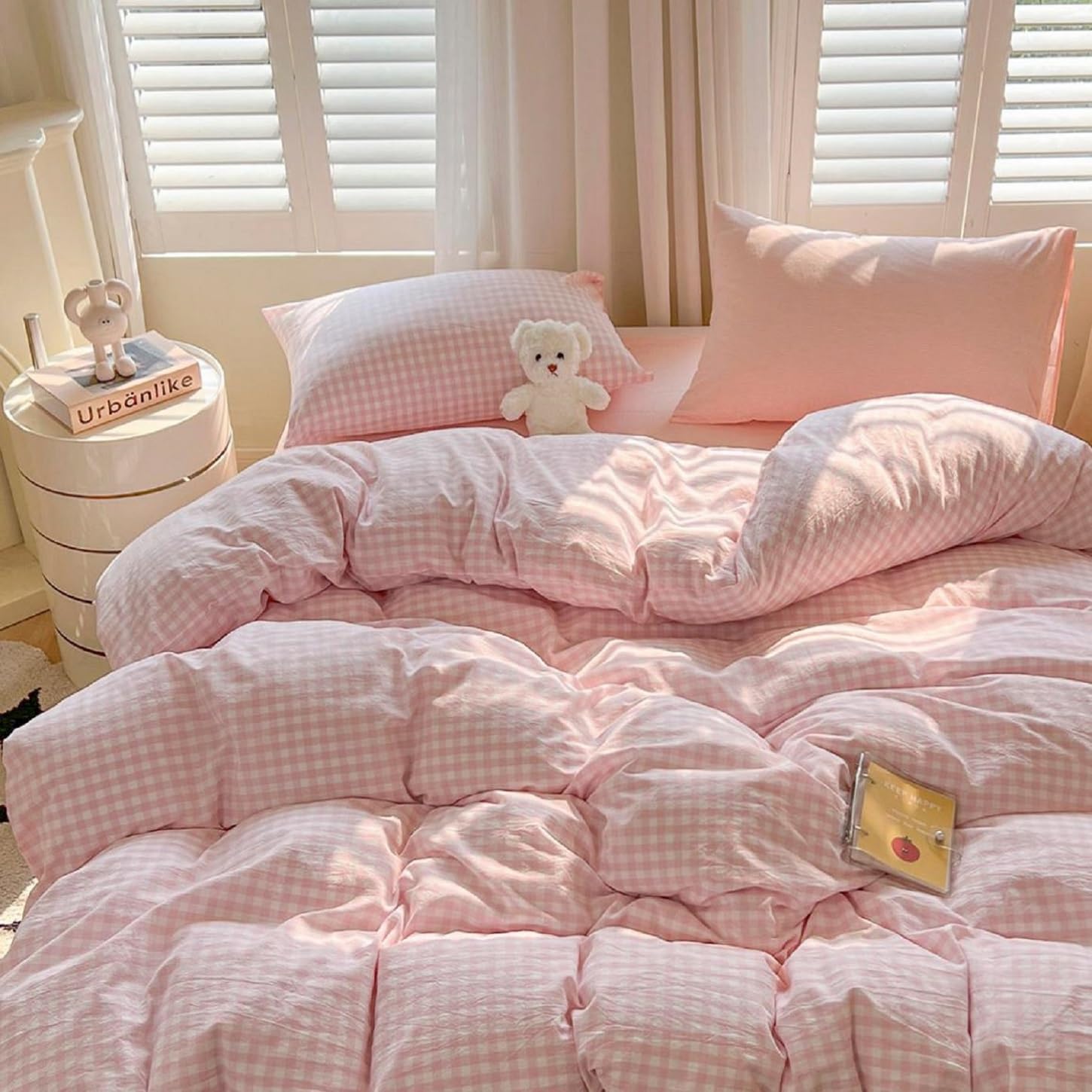 LifeTB Pink Gingham Comforter Set King Vintage Plaid Checkered Pattern Comforter with 2 Pillowcases Lightweight Farmhouse Gingham Bedding Set Breathable Pink Grid Plaid Bedding Comforter Set โ image 1