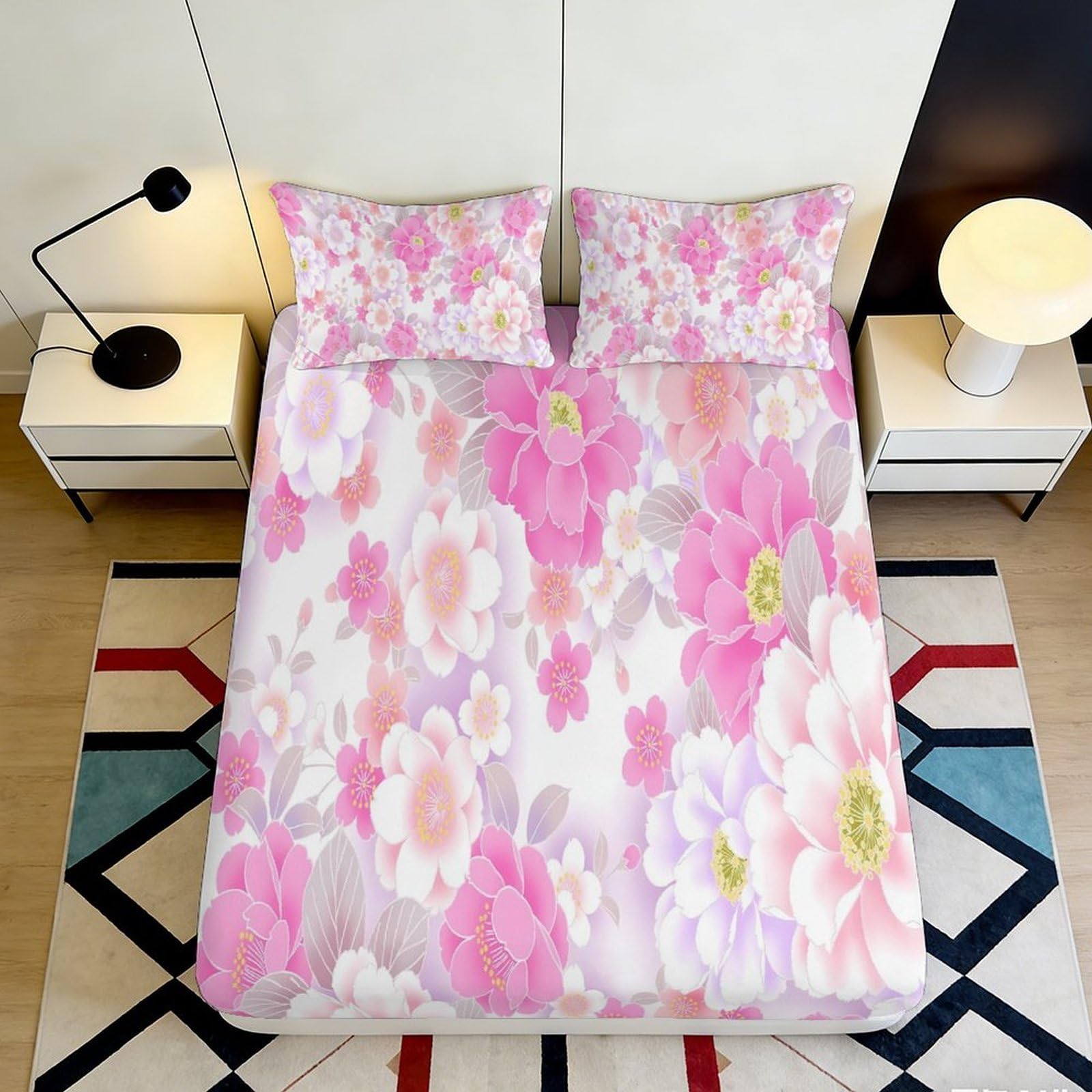 3D Printed Pink Floral Fitted Sheet Microfiber Breathable Bed Cover Decorative Pastel Blossom Mattress Cover for Bedroom Guest Room 90x200x25cm