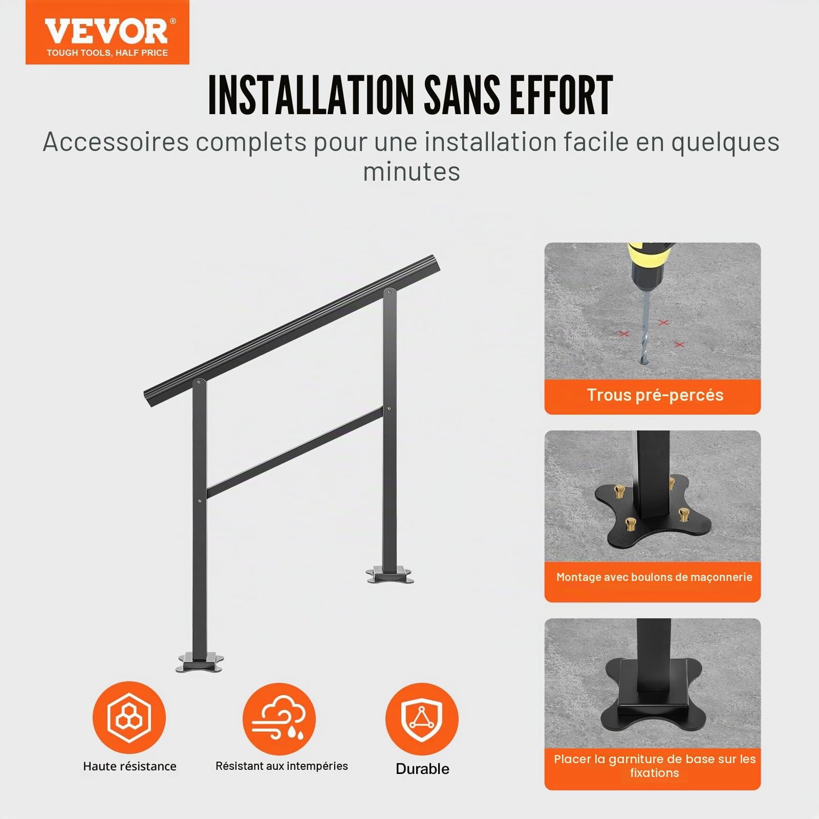 VEVOR Main Courante Escalier 91x89,5 cm Rampe Aluminium Réglable 0-30° Rambarde 2-3 Marches Garde-Corps Capacité 75 kg Épaisseur Tube 2 mm Base 13,2x13,2x0,5 cm pour Jardin Extérieur Maison Bâtiment