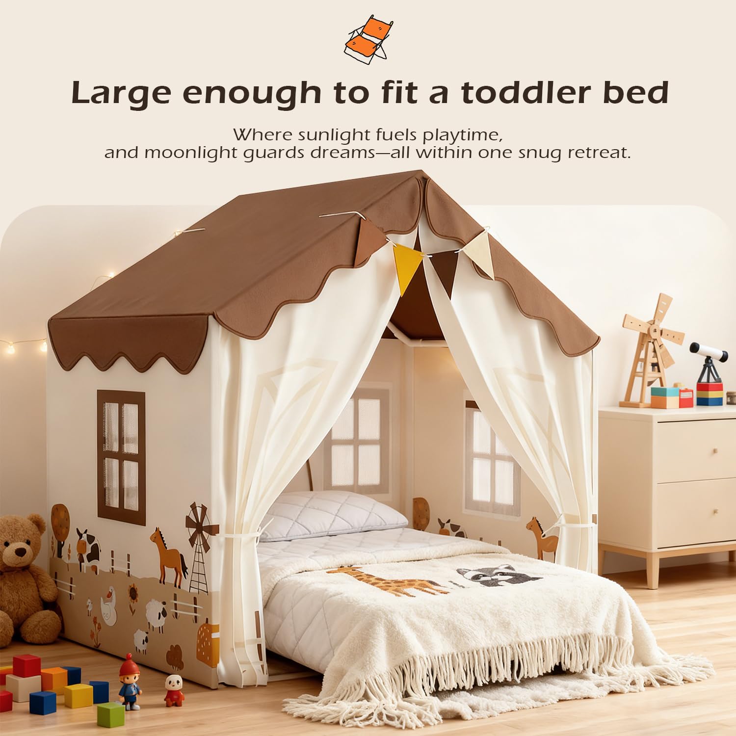 EagleStone Tente de Jeu pour Enfants avec Guirlandes et Tapis Moelleux, Intérieur, Cabane Lit-Tente, Coin Douillet, Beige