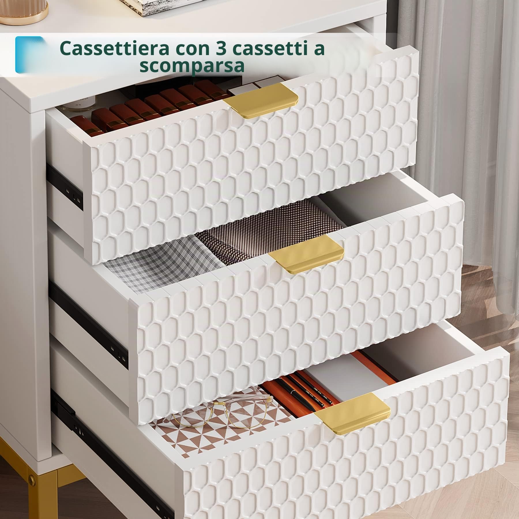 Tribesigns Comodino Set di 2, 3 cassetti alto comodino con stoccaggio, moderno elegante tavolino per camera da letto, soggiorno, bianco e oro (Confezione Da 1 Pezzo.)