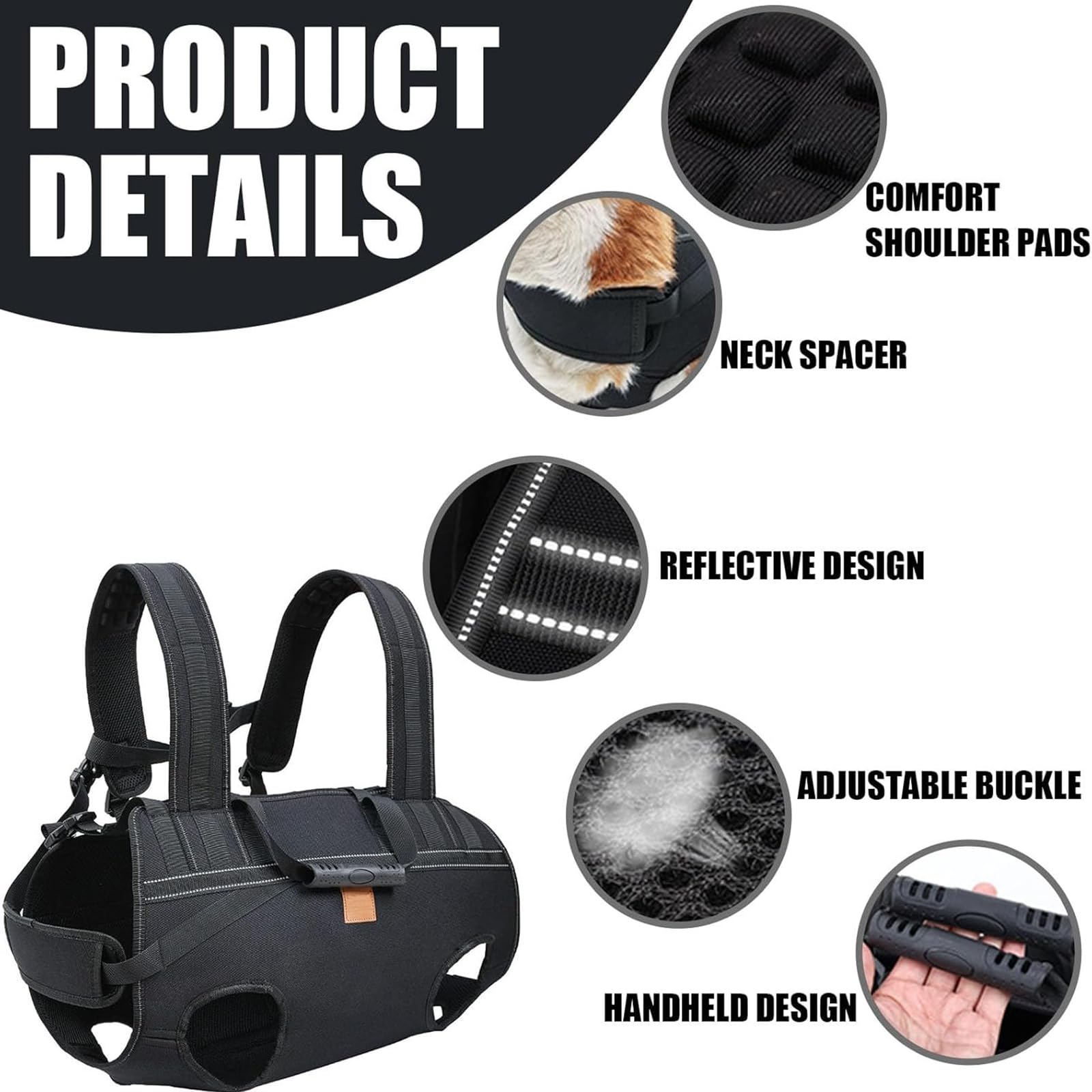 Arnés de elevación para Perros Extra Grande, portabebés para Perros de Cuerpo Completo, Mochila de Emergencia para Perros con asa y Tiras Reflectantes, arnés para Mascotas para Perros