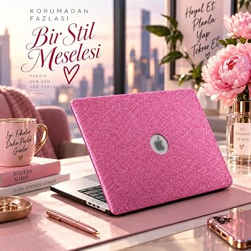 MacBook Air Kılıf 13.6 İnç M2 M3 M4 Uyumlu Premium Simli Kaplama TPU Sert Koruma İnce Hafif Parlak Yüzey Glitter Hardcase Darbe Önleyici Tasarım USB C Adaptör Hediyeli Açık Pembe