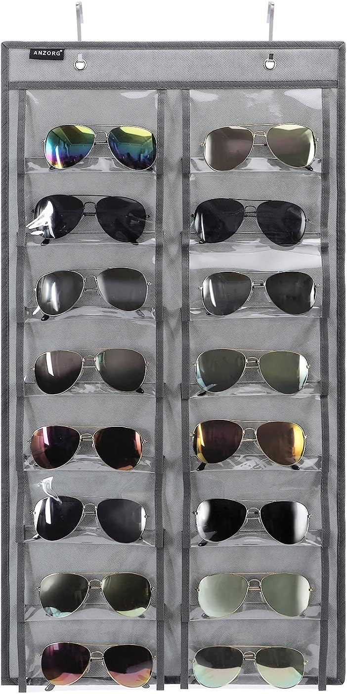 Organizador de lentes de sol para colgar sobre la puerta, con 16 bolsillos transparentes