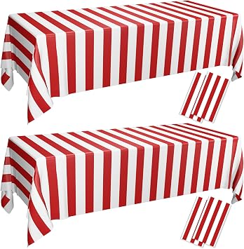 2Pcs Carnival Tablecloths, Red and White Stripe Tablecloths, Red Plastic Table Cover, Circus Theme Party Decorations for Carnival, Movie Night, Kids Birthday, Christmas 2, Red, 51 x 86