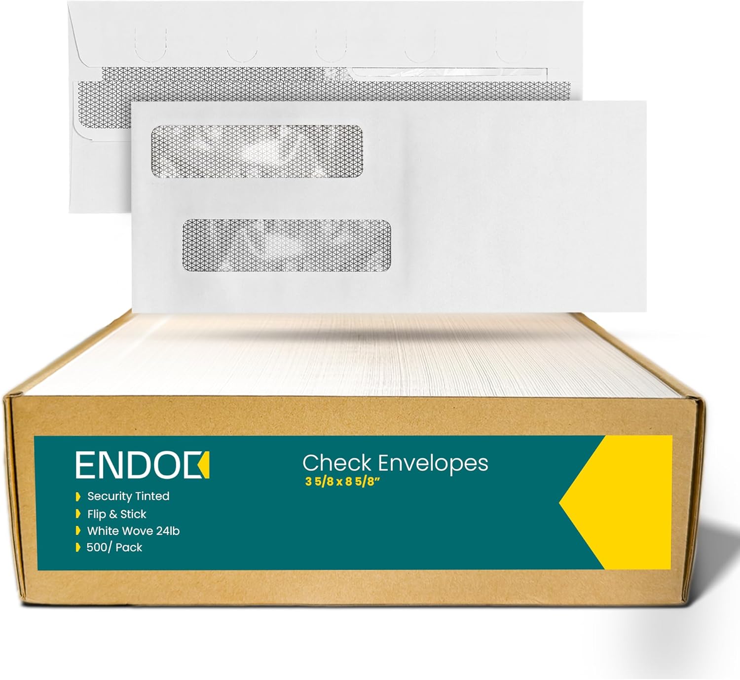 EnDoc 500#8 Double Window Check Envelopes Self Seal, Flip & Stick, 3 5/8 x 8 5/8" Security Envelopes for QuickBooks Checks, Business Envelopes with Privacy Tinted Pattern, Bright White 24lb Paper