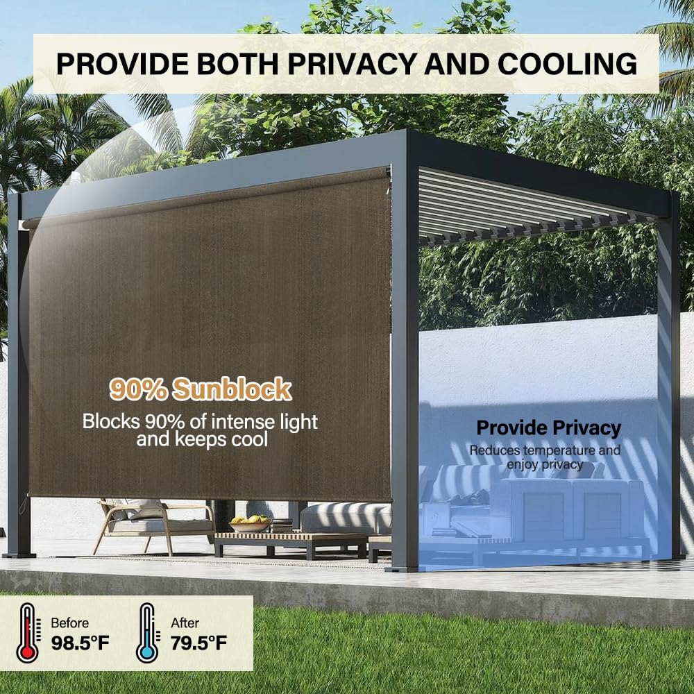 Kokorona Outdoor Roller Shades 4' W x 8' L (48" W x 96" H), Cordless Patio Shades Roll Up Outdoor, 90% UV Protection Outside Sun Shade Roller Blinds Cloth for Porch Pergola Balcony Windows, Mocha