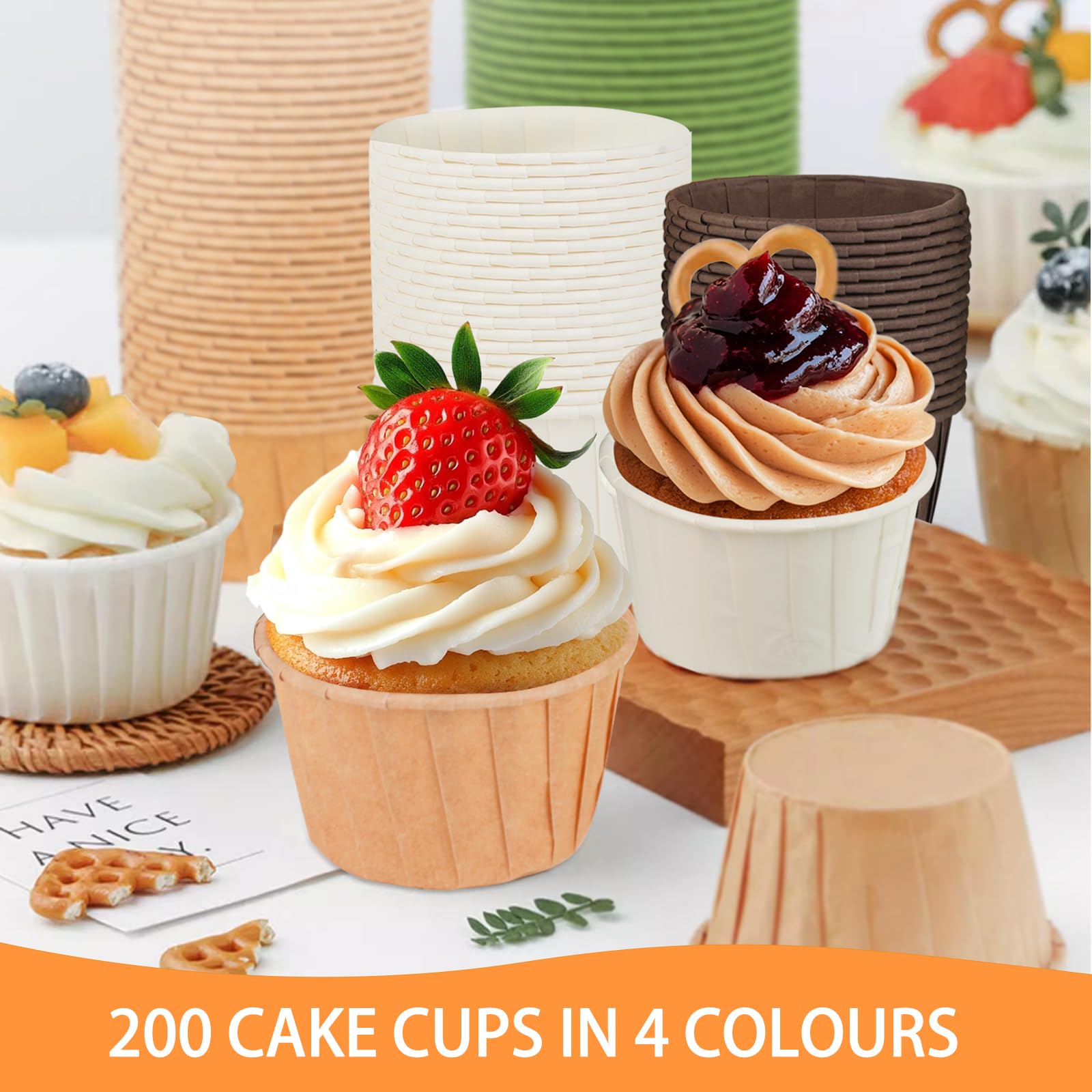 200 Sztuk Papilotek do Muffinek - Papilotki do Babeczek, Odporne na Tłuszcz, Idealne do Deserów, Świąt, Przyjęć i Wesel, Z Papieru Drzewnego (Biały, Zielony, Naturalny, Ciemnobrązowy)