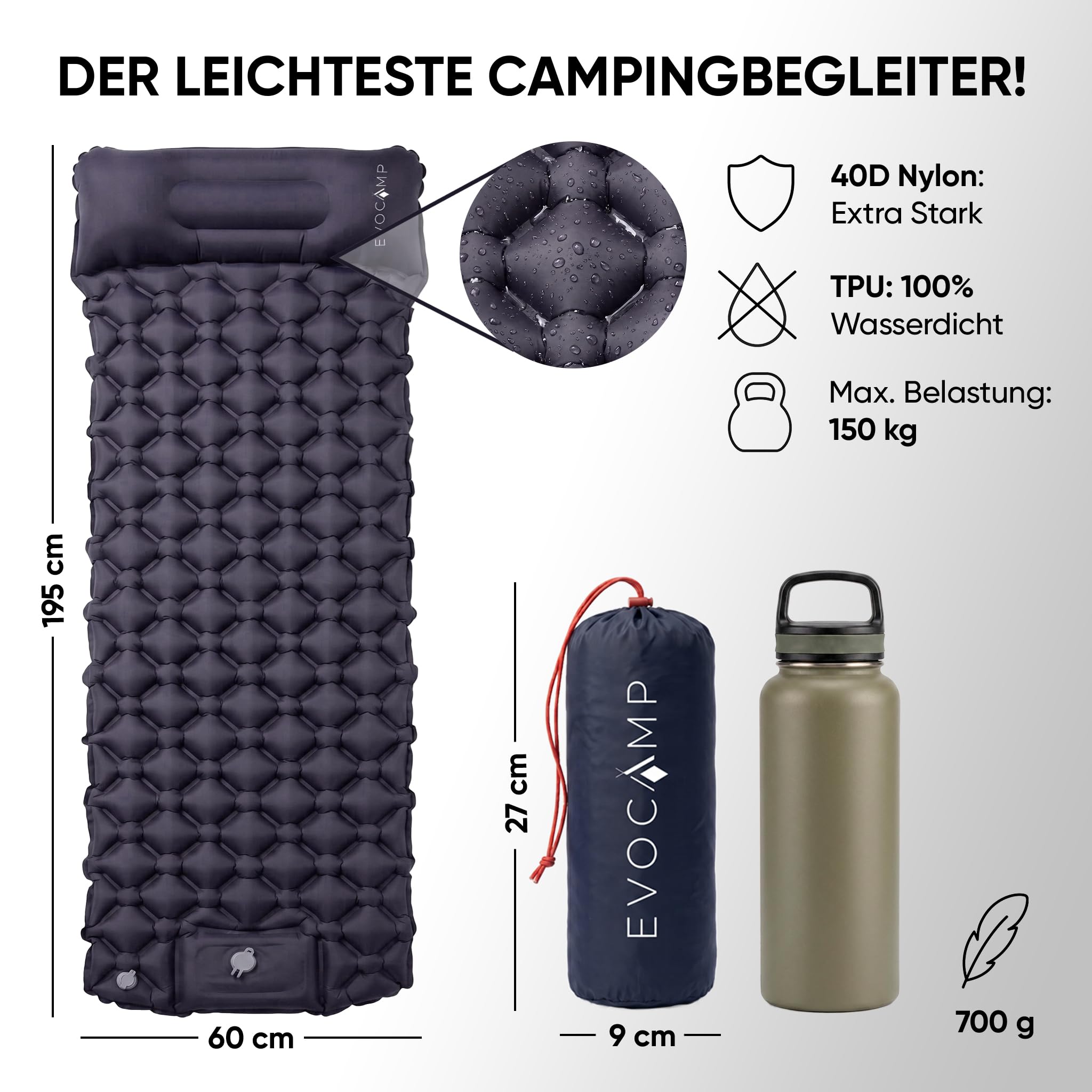 EVOCAMP Ultralekki, materac kempingowy, 195 x 60 cm, z wbudowaną pompką nożną i poduszką, materac kempingowy, kompaktowy rozmiar, do 150 kg, ciemnoniebieski