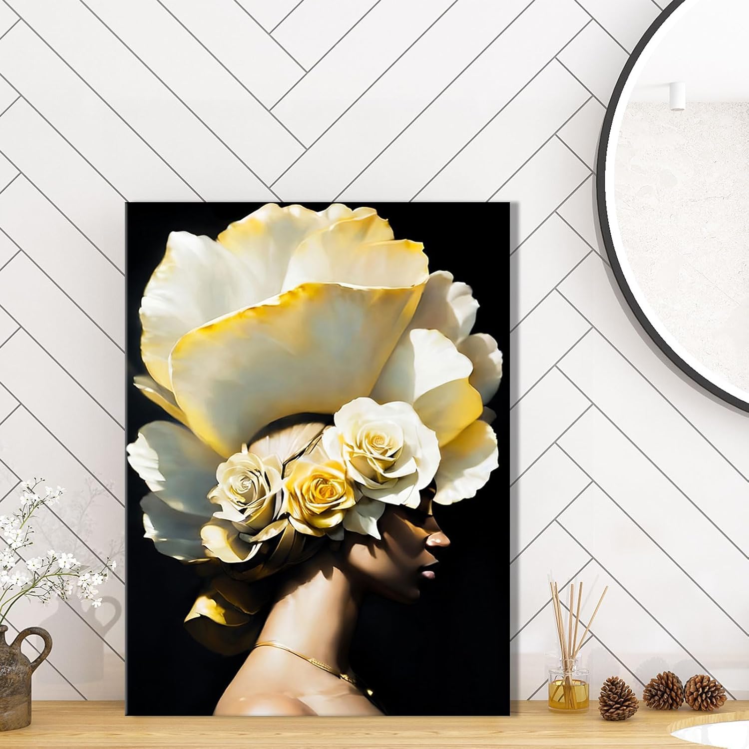 daktenn Canvas Wall Art African American Women Wall Decor Black Woman Yellow Hair Beauty Abstract Painting Canvas Prints Living Room Bedroom Bathroom Home Decoration African Wall Art, 18x24 Inches