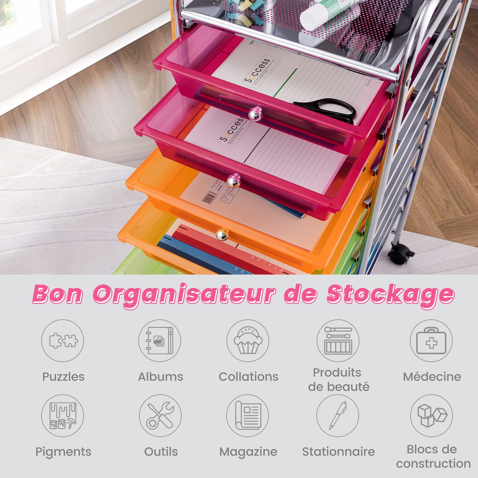 GOPLUS Chariot de Rangement à Roulettes avec 10 Tiroirs en PP, Tour de Rangement Mobile avec Poignée, Tablette Grand, Cadre en Métal, 37x33x86CM, Meuble Desserte pour Salle de Bain, Cuisine, Bureau
