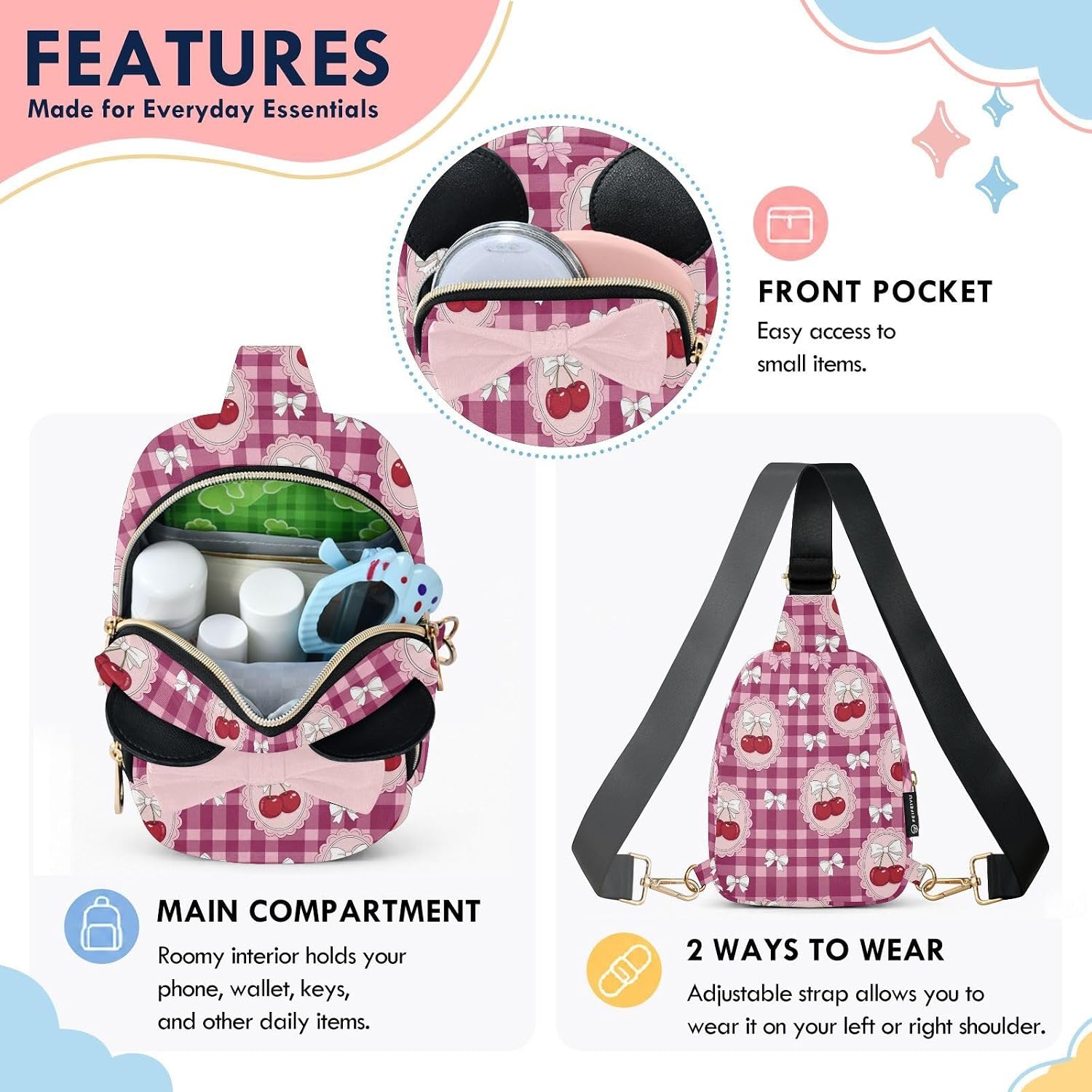 Sinestour Cherries Kids Crossbody Bags for Girls, 3.1x7.5x5.7In | Crossbody Fanny Pack, Toddler Purse, Cute Sling Belt Bag with Ears, 2L Small Shoulder Chest Bag for Travel