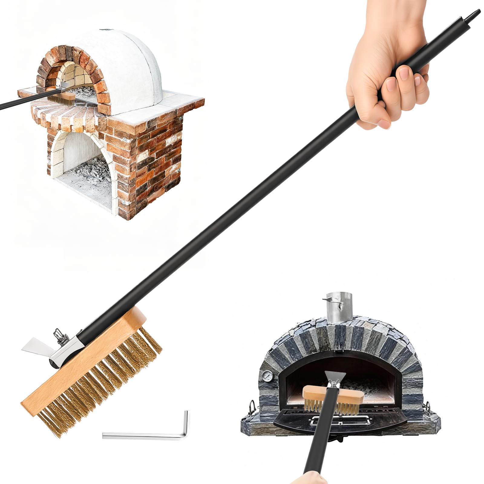 Pizza Oven Brush with Brass Bristles and Scraper, Heat-Resistant Pizza Stone Cleaning Brush, Long Handle Oven Cleaner Tool, Grill Cleaning Brushes Accessories for BBQ Grill and Baking(53cm)