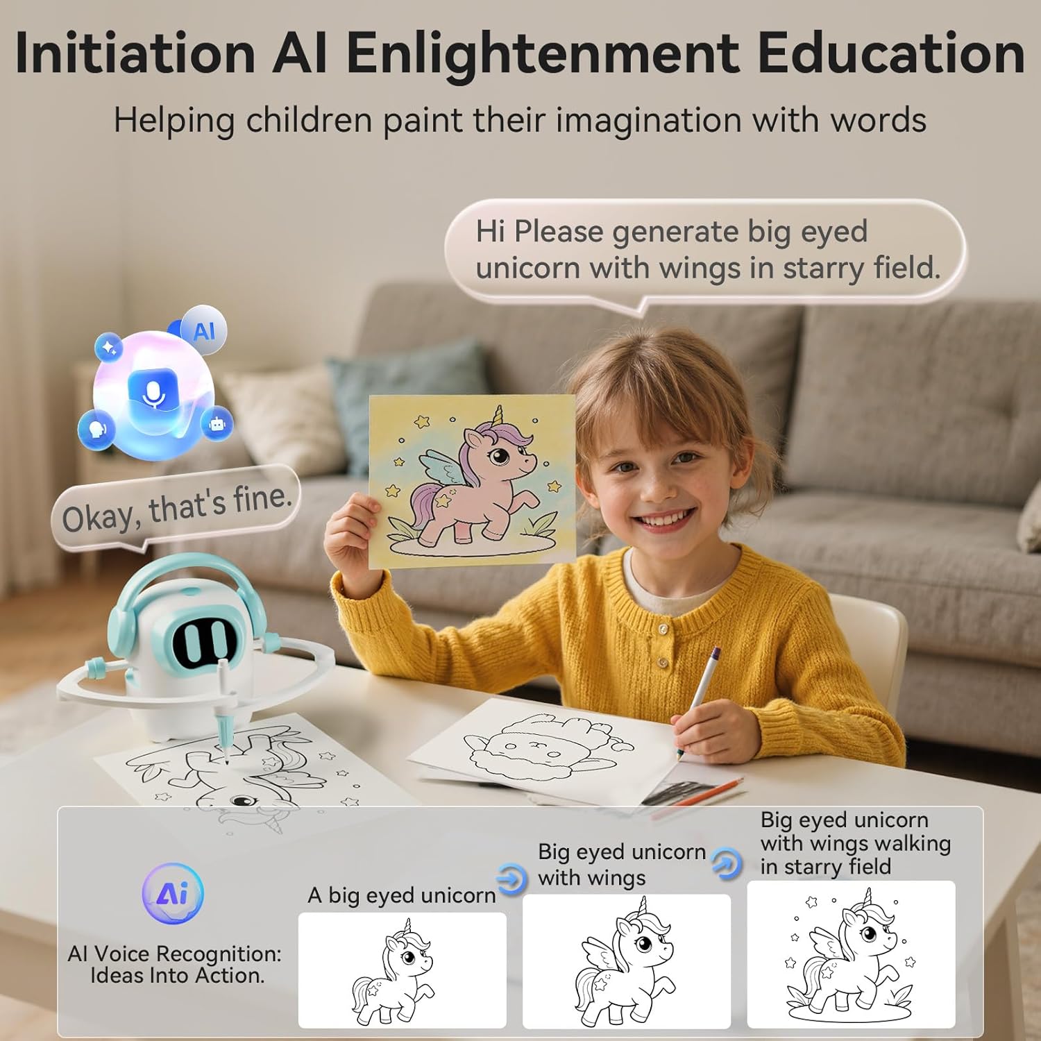 AI Drawing Robot for Kids, 10000+ Free AI-generated Images,Regularly updated image library,Educational Learning Toys for Boys & Girls Ages 3-8 ,AI Enlightenment Painting Toy for Birthday Gift (Cyan)