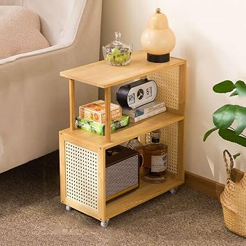 YCKEGEW Narrow Side Tables On Wheels,Solid Wood Bedside Table 3 Shelves, Rolling End Tables for Bedroom, Living Room, Study,Vintage Corner TableNatural,57cm