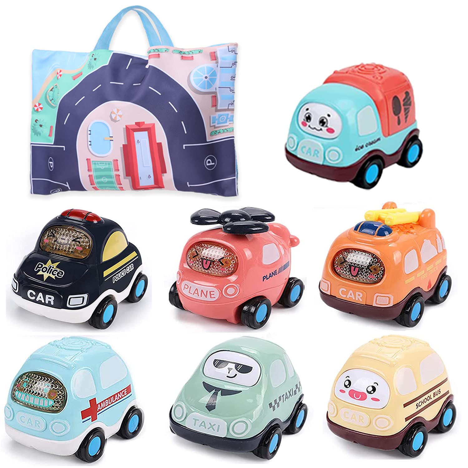 Baby Toy Cars for 1 Year Old Boys, 7PCS Push and Go Cars with Play Mat/Storage Bag Friction Powered Cars Toy for Toddlers 1 2 3 Year Old Boys Girls Early Educational Christmas Birthday Party Gift