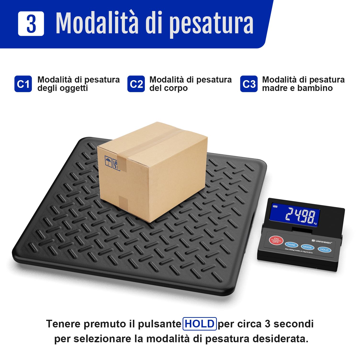 UNIWEIGH Bilancia postale digitale da 440 lb, precisione da 10 g, per pacchetti con LCD retroilluminato, piattaforma in acciaio legato, funzionamento USB-A/batteria, Tara/Hold/Auto-Off, bilancia per