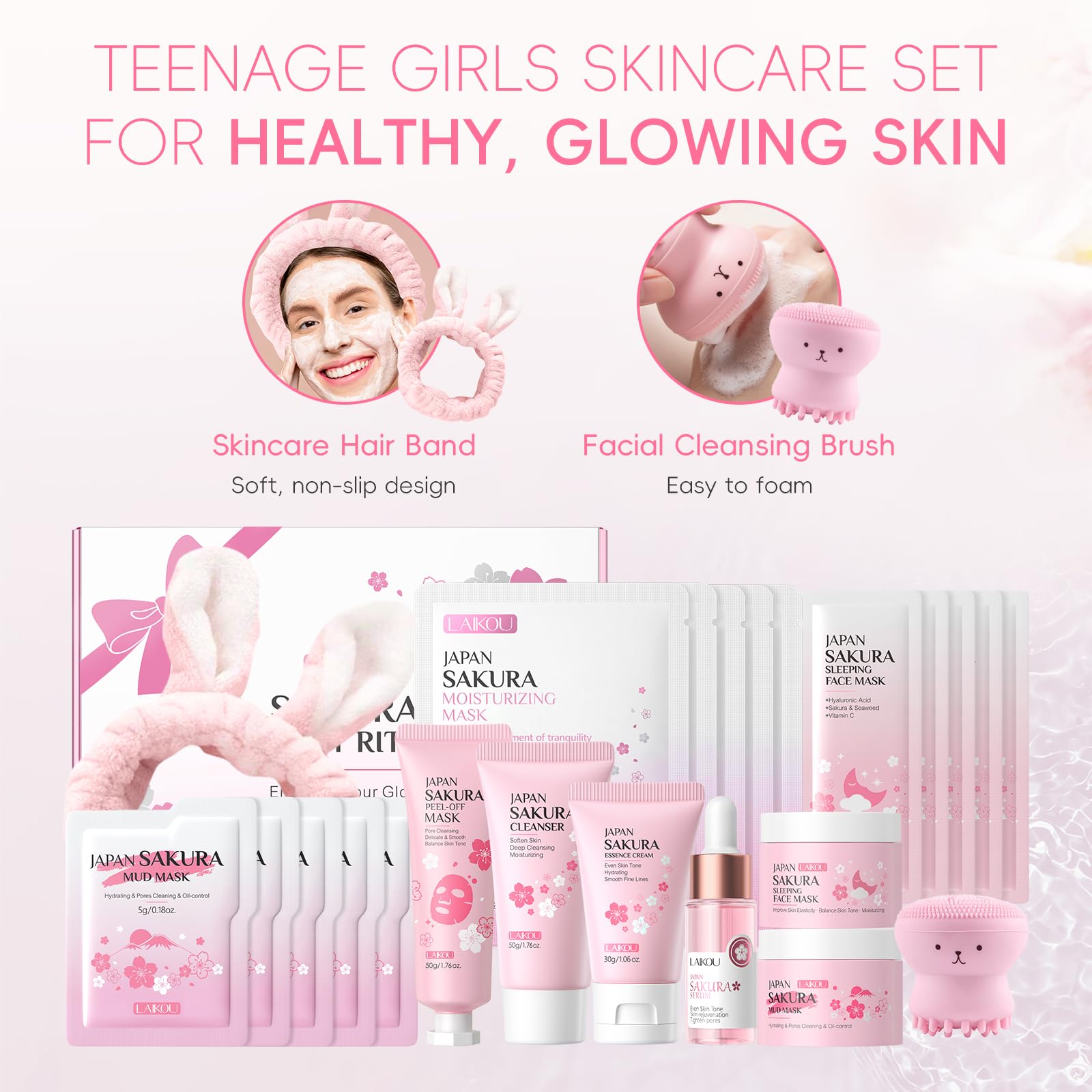 LAIKOU Zestaw maseczki na twarz Sakura, 23 szt. Nawilżający i odżywczy zestaw do pielęgnacji skóry z mydłem, serum, kremem, maseczką do złuszczania, glinką, maseczką do spania i na noc, maseczką na