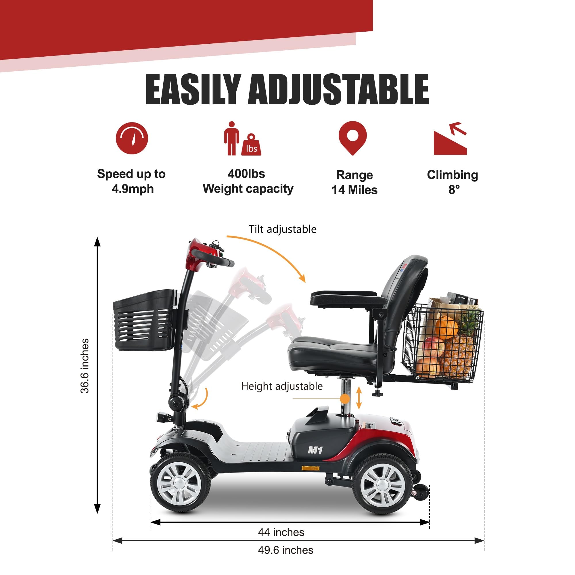 Scooter de movilidad de 4 ruedas para adultos mayores - Silla de ruedas eléctrica con capacidad de 400 lb - Móvil resistente para viajes, adultos y ancianos - Batería extendida de larga duración