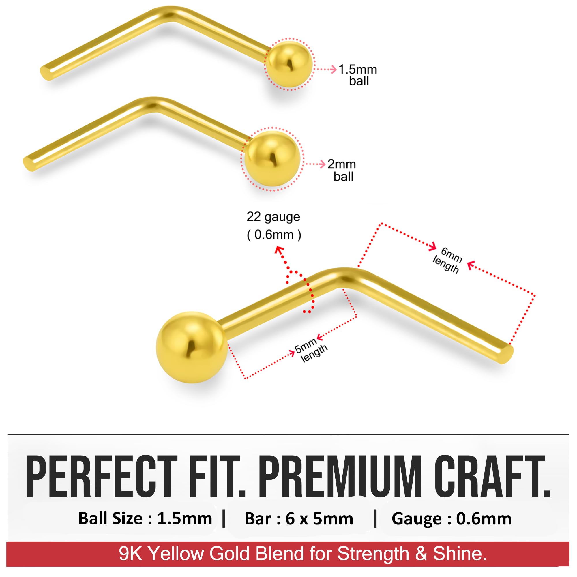 9K Amarillo Oro Llano Superior Calibre 22 L Curva Nariz r?Tula Piercing