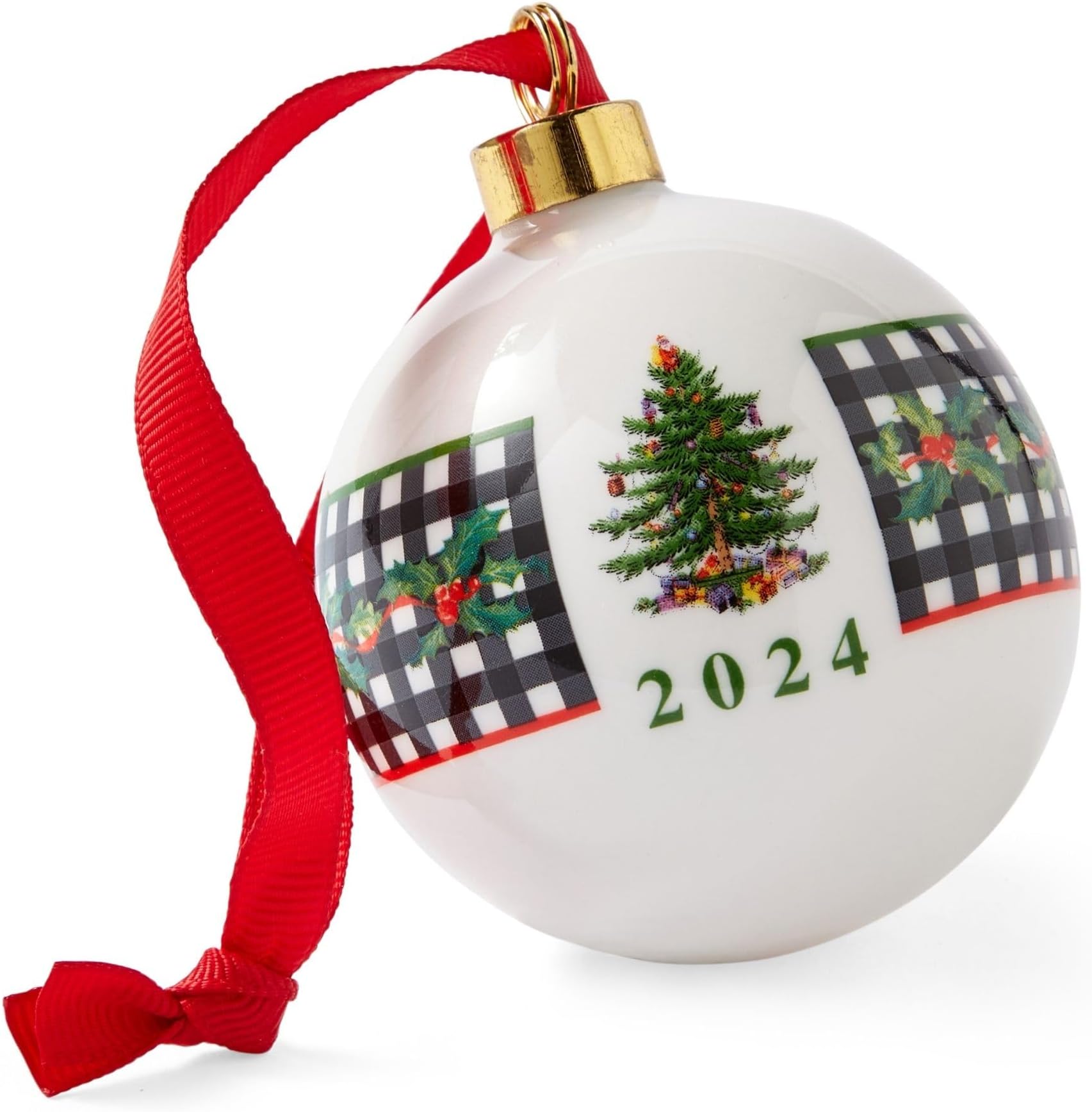 Christmas Tree Bauble Ornament, Porcelain Centerpiece, Red Ribbon & Black-White Check Wrap, Festive Keepsake for Gifting & Display, Holiday Decor