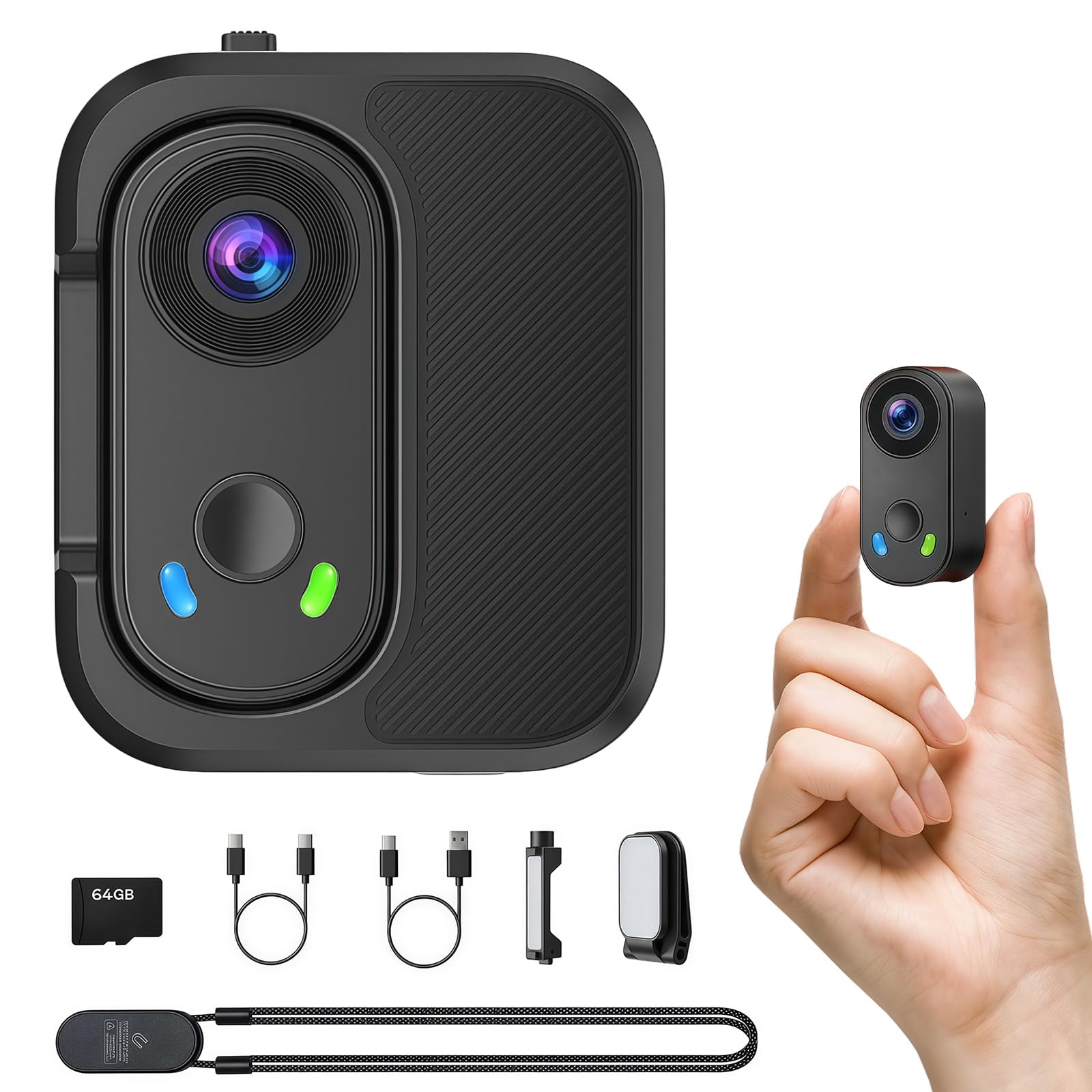 Mini caméra d'action POV portable 4K avec stabilisation d'image EIS, support magnétique mains libres, connectivité WiFi, comprend une carte mémoire de 64 Go et un étui de chargement, pour vlogging