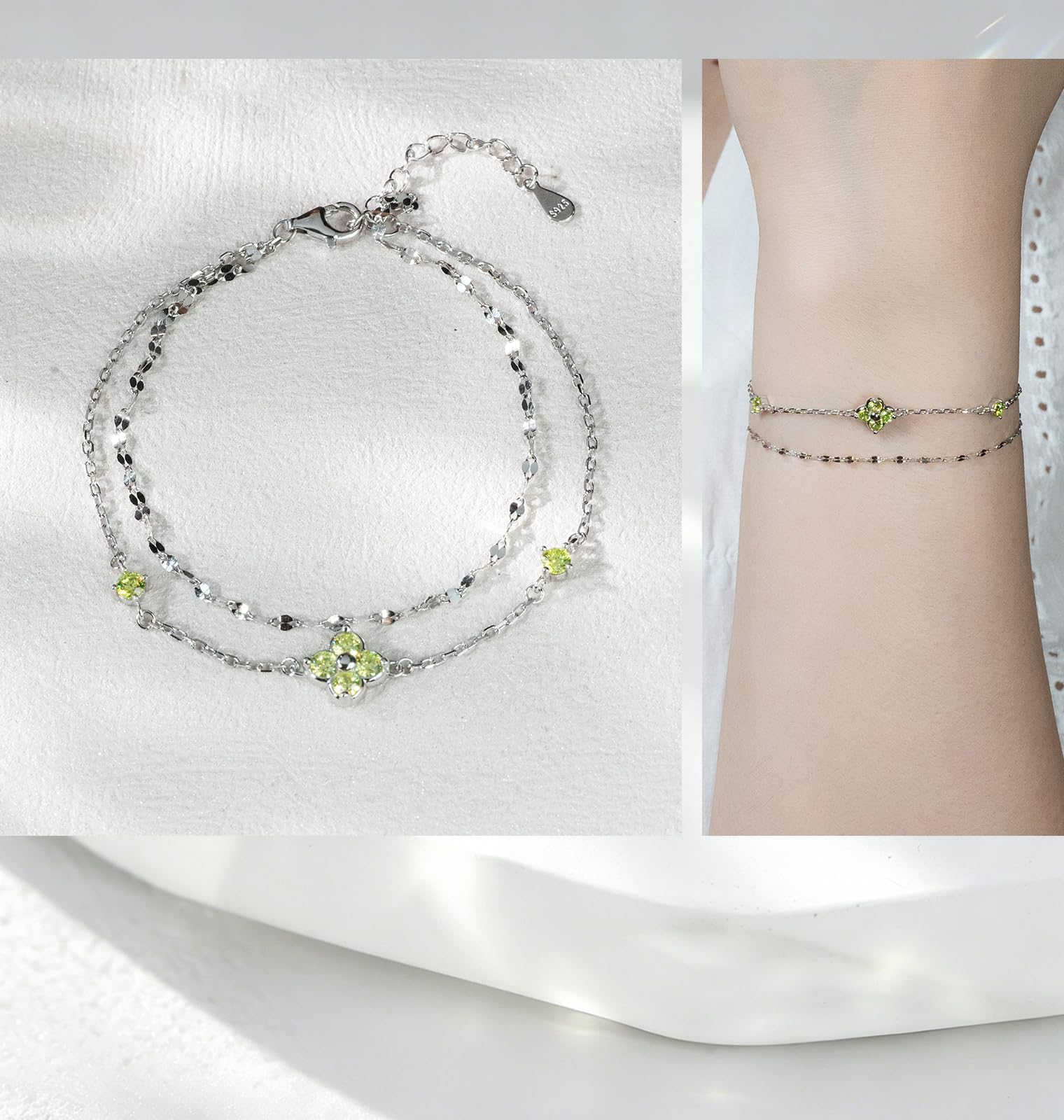 Trebol 4 Hojas Pulsera Plata Mujer 925 con Peridoto Piedra Natal de Agosto 19Cm Ajustable Shimmering Luck Joyas Mujer Amistad Regalo