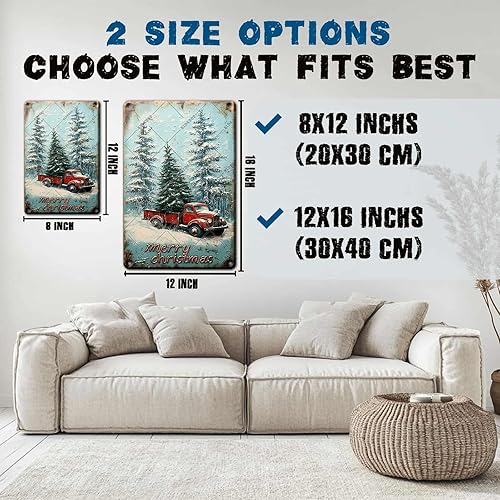 Miniatura 2 de Vitange - Letrero de metal para árbol de Navidad, camión rojo, 12 x 8 pulgadas, decoración de pared para el hogar, cocina, baño, bar, pub,