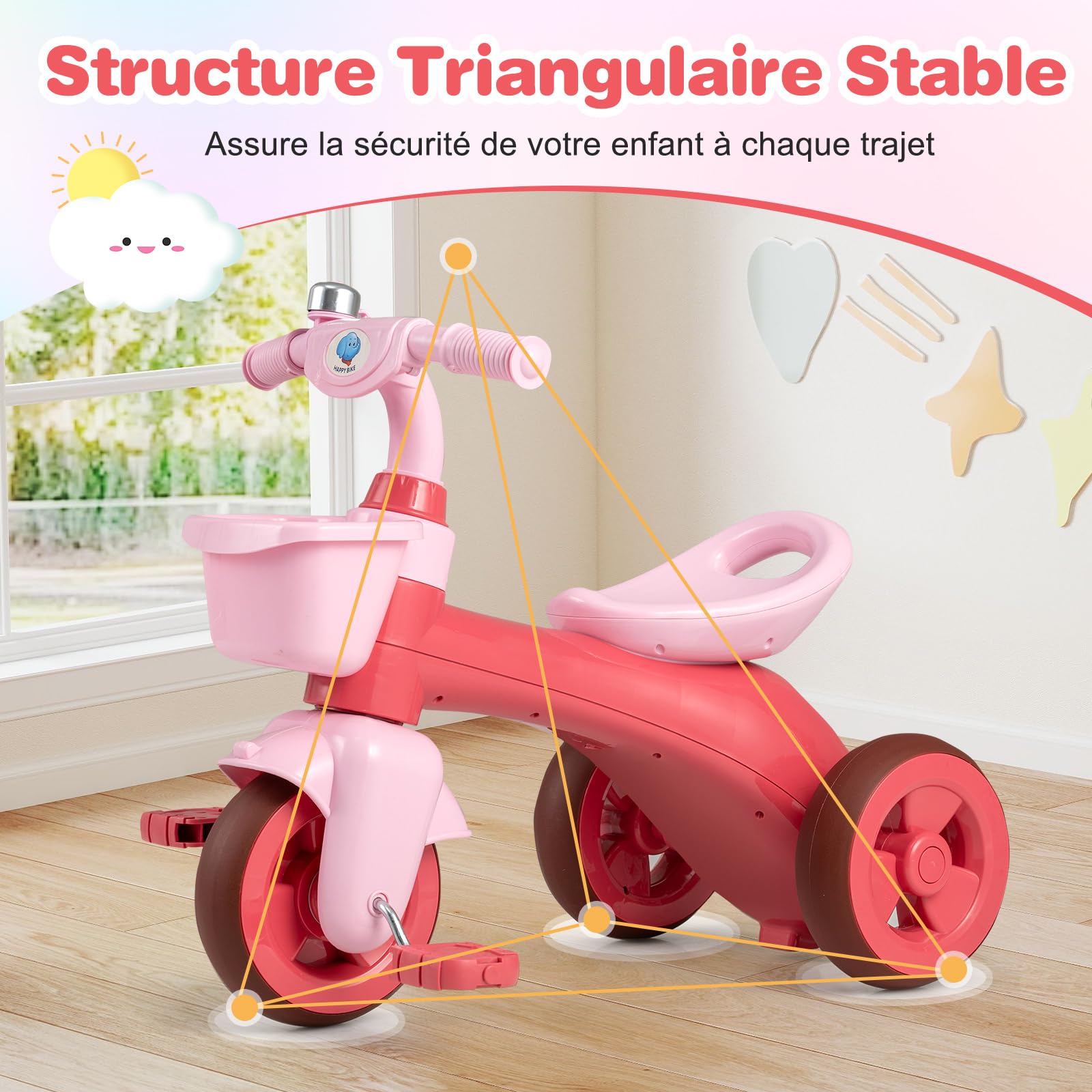 COSTWAY Tricycle Bébé Évolutif avec Sonnette et Guidon et Pédale, Vélo Enfant à 3 Roues en TPE avec 2 Paniers de Rangement, Draisienne pour Garçons Filles de 3-5 Ans, Charge 25kg (Rose)