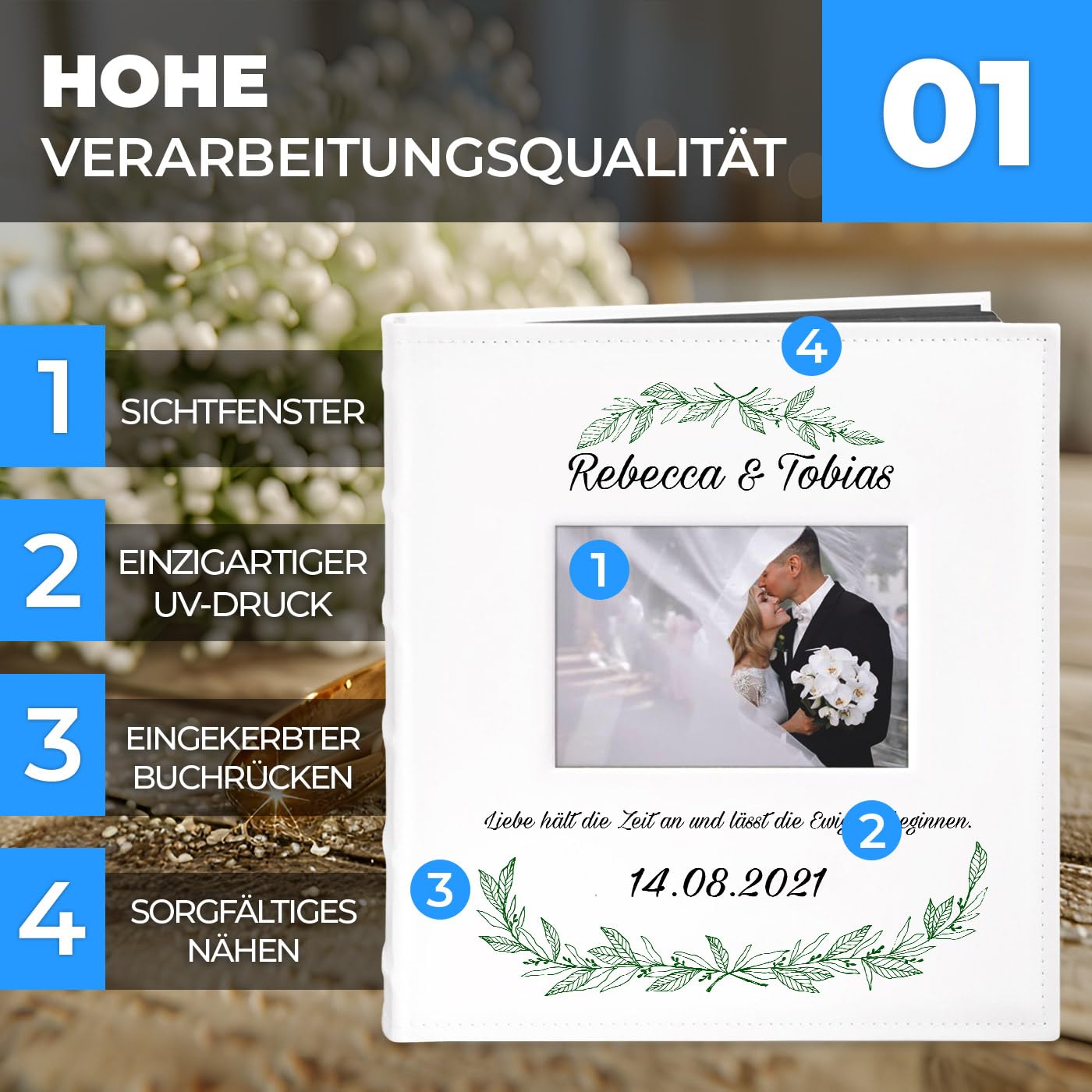 Maverton Fotoalbum zum Selbstgestalten mit Bildausschnitt mit Aufdruck - für 240 Fotos 10x15-60 schwarze Seiten - Größe 33x30cm - Weiß - personalisierte Geschenke zum Jubiläum - Hochzeitsgeschenk