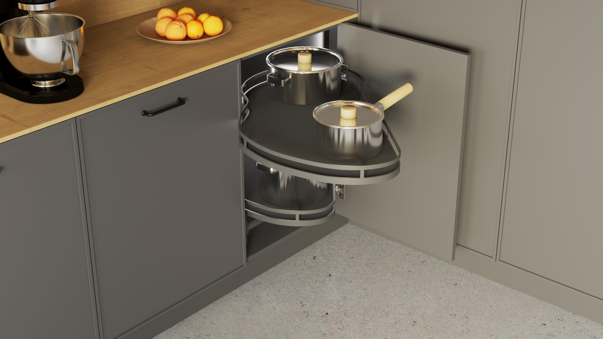 STOLMET Eckregal Eckkorb In Nierenform Organizer Für Eckschrank Ausziehbar Nierenregal Breite 90 cm Front 50 cm Links Graphit