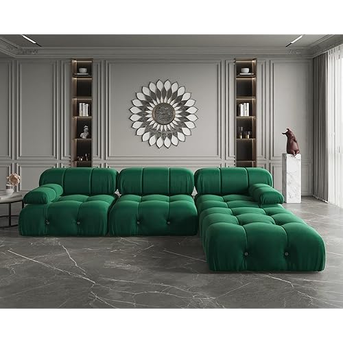 Modern Velvet Sectional Sofa, L Shape Minimalist Modular 4-Seater Sofa with Ottomans for Living Room Office Apartment (104in/Green)