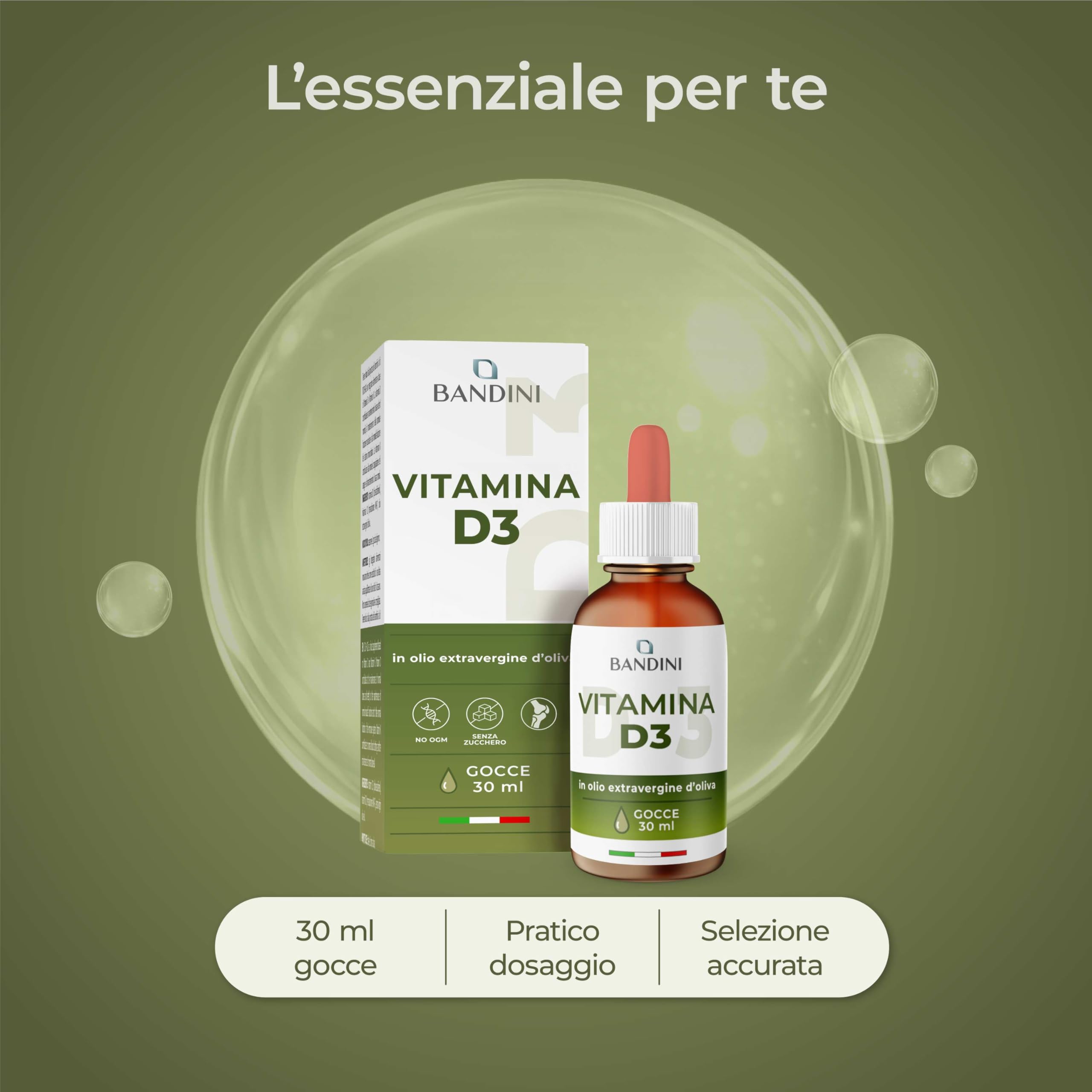 Bandini® Vitamina D3 | 2000 UI per Goccia | Integratore in Olio Extravergine di Oliva | 30ml con Contagocce | Supporto per Ossa, Denti e Sistema Immunitario | Alta Biodisponibilità | Facile Assunzione