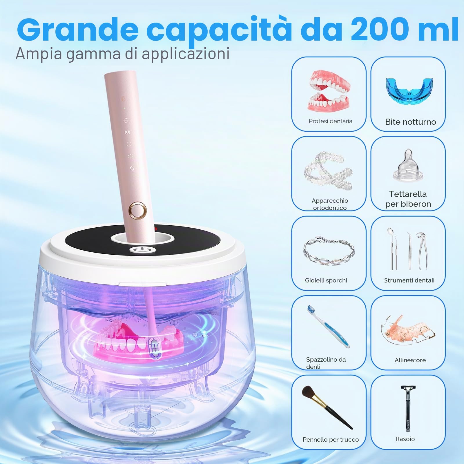 Pulitore a ultrasuoni, 45000 HZ Pulitore a ultrasuoni UV con 4 modalità di pulizia, camera di pulizia UV da 200 ml con timer digitale, per apparecchi ortodontici, ortesi, protesi, testine spazzolino