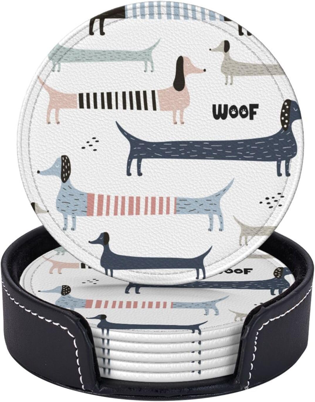Cute Navy Blue Dachshund Drink Coasters Round Coasters Modern Cup Coasters for Drinks Coffee Table Home Decor Funny Bar Coasters Set of 6 for Tabletop Protection with Holder
