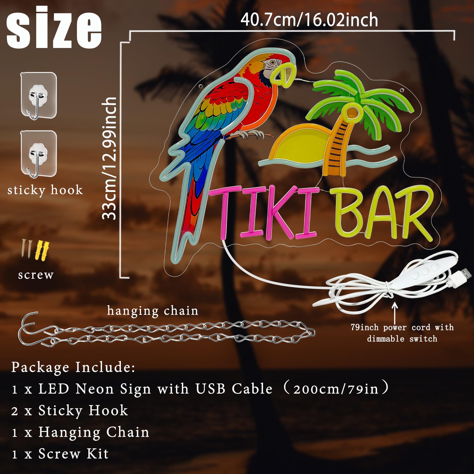 Tiki Bar Targa neon tropicale pappagallo palma LED luce al neon alimentata tramite USB, dimmerabile, spiaggia, tramonto, bar, illuminazione a LED, decorazione da parete per casa, grotta degli uomini