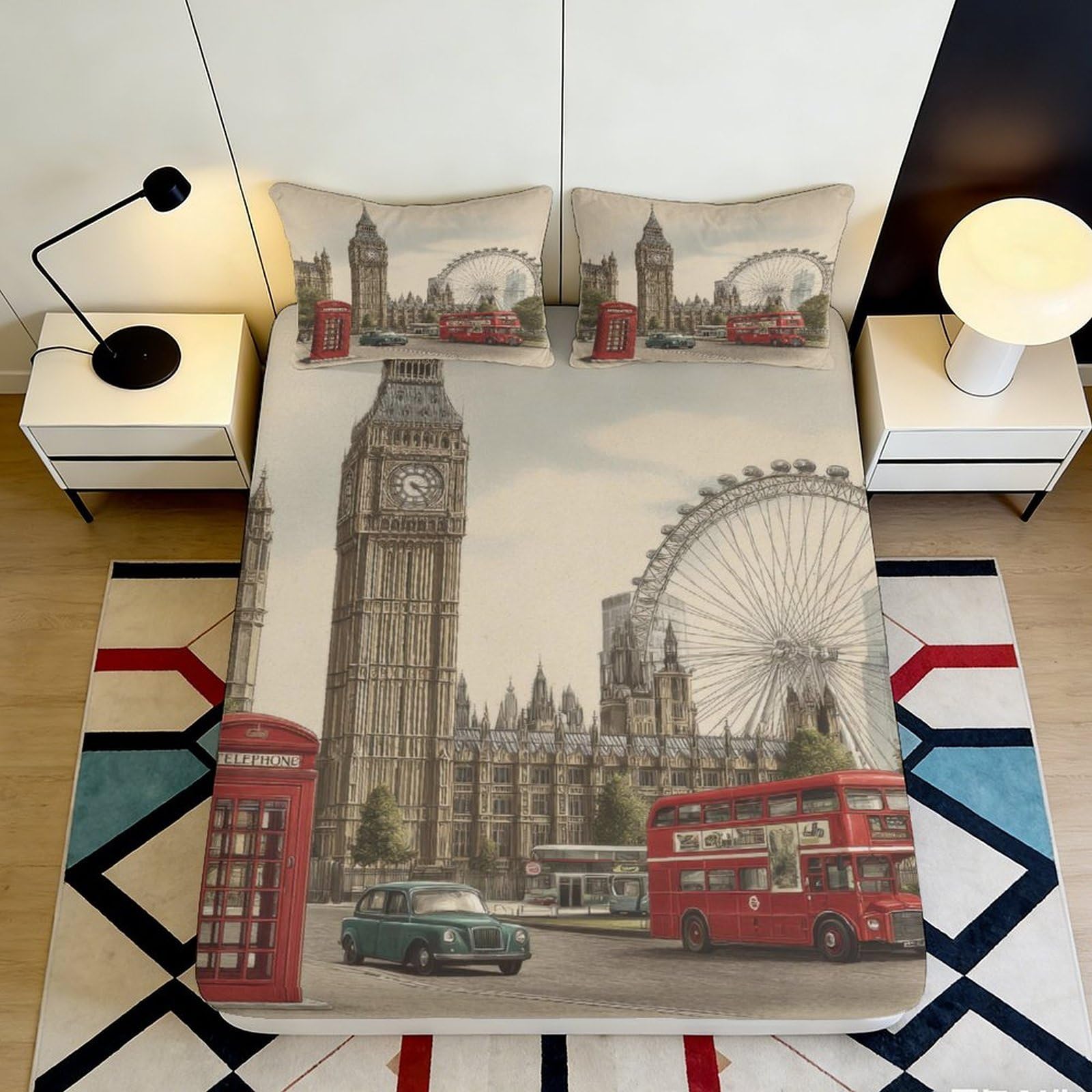 3D Printed London Landmark Fitted Sheet Microfiber Soft Urban Cityscape Bed Cover for Bedroom Guest Room Dorm 90x200x25cm