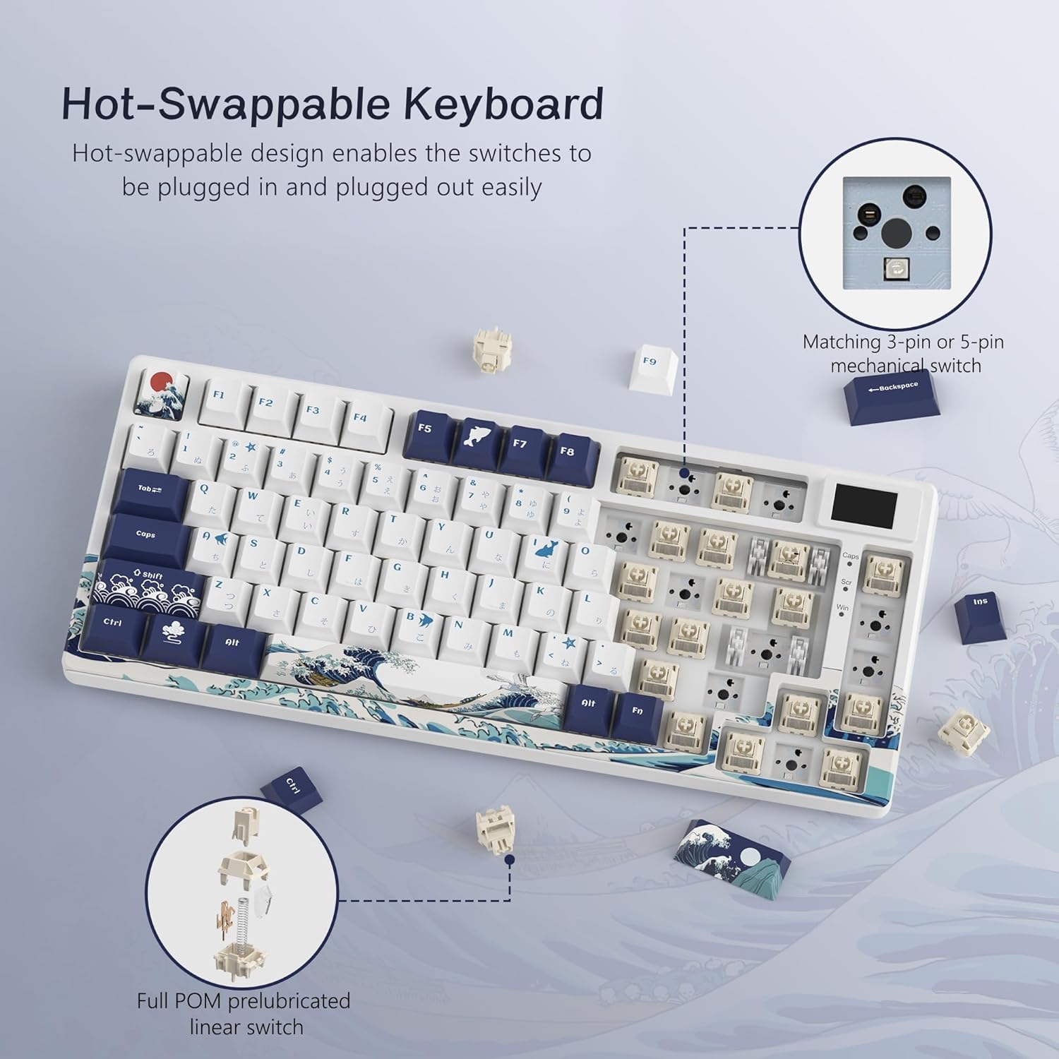 SK80 mechaniczna klawiatura do gier - 75% kompaktowa, podświetlana LED USB-C, hot swap, motyw Kanagawa, mocowanie uszczelki RGB, kompatybilna z Mac/Win, Biała | Klawiatura do gier Joint Mount RGB Custom Keyboard dla Mac/Win, biała