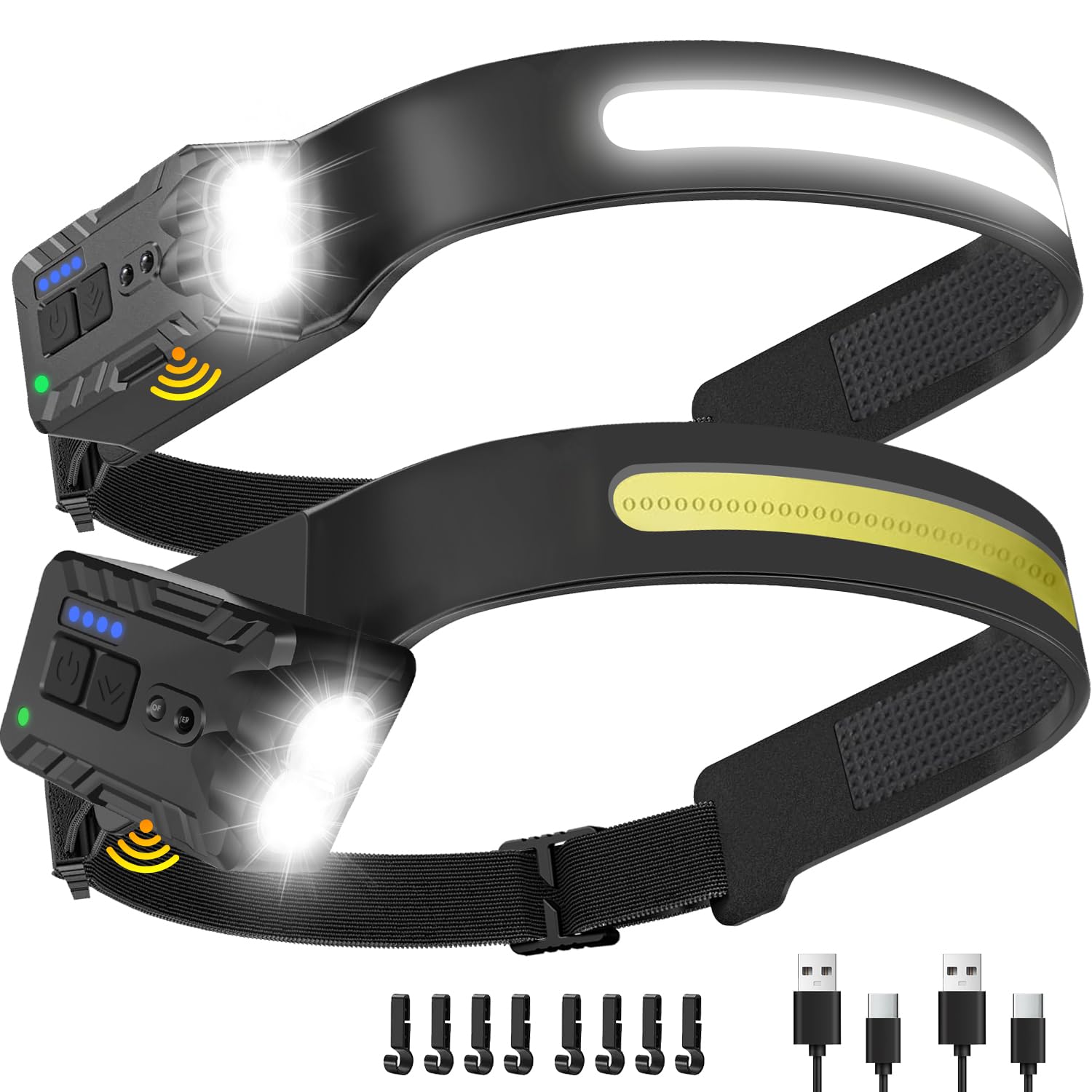 Nessciera Lampada frontale a LED ricaricabile, girevole, con fascio largo di 230°, faro USB-C per campeggio, lavoro, corsa (2, nero)
