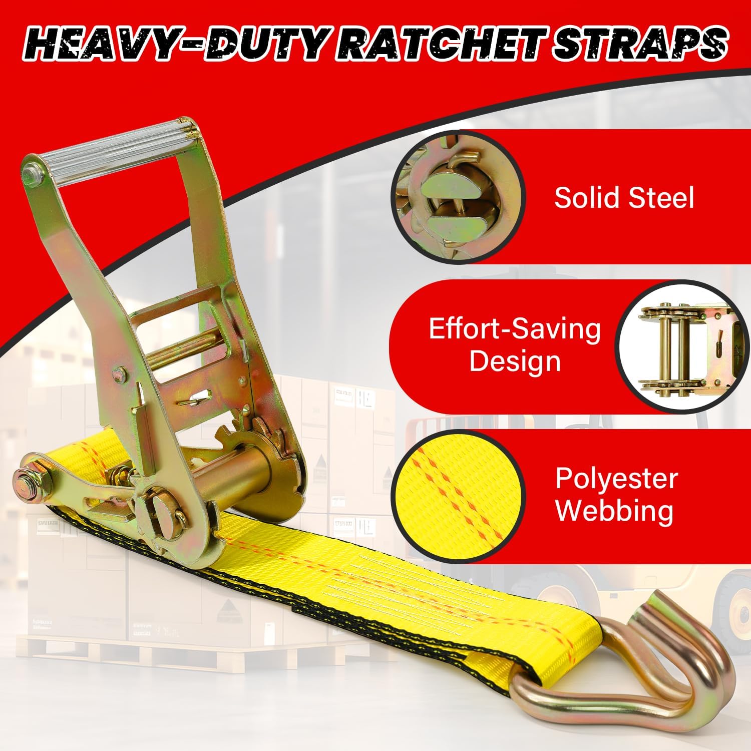 4 Pack 2 Inch Ratchet Straps Heavy Duty, 10,000 LBS Break Strength, 2" x 20' Heavy Duty Cargo Straps with Double J Hooks, Cargo Tie Down Straps Perfect for Truck, Trailers, Moving Appliances (Yellow) - Image 2