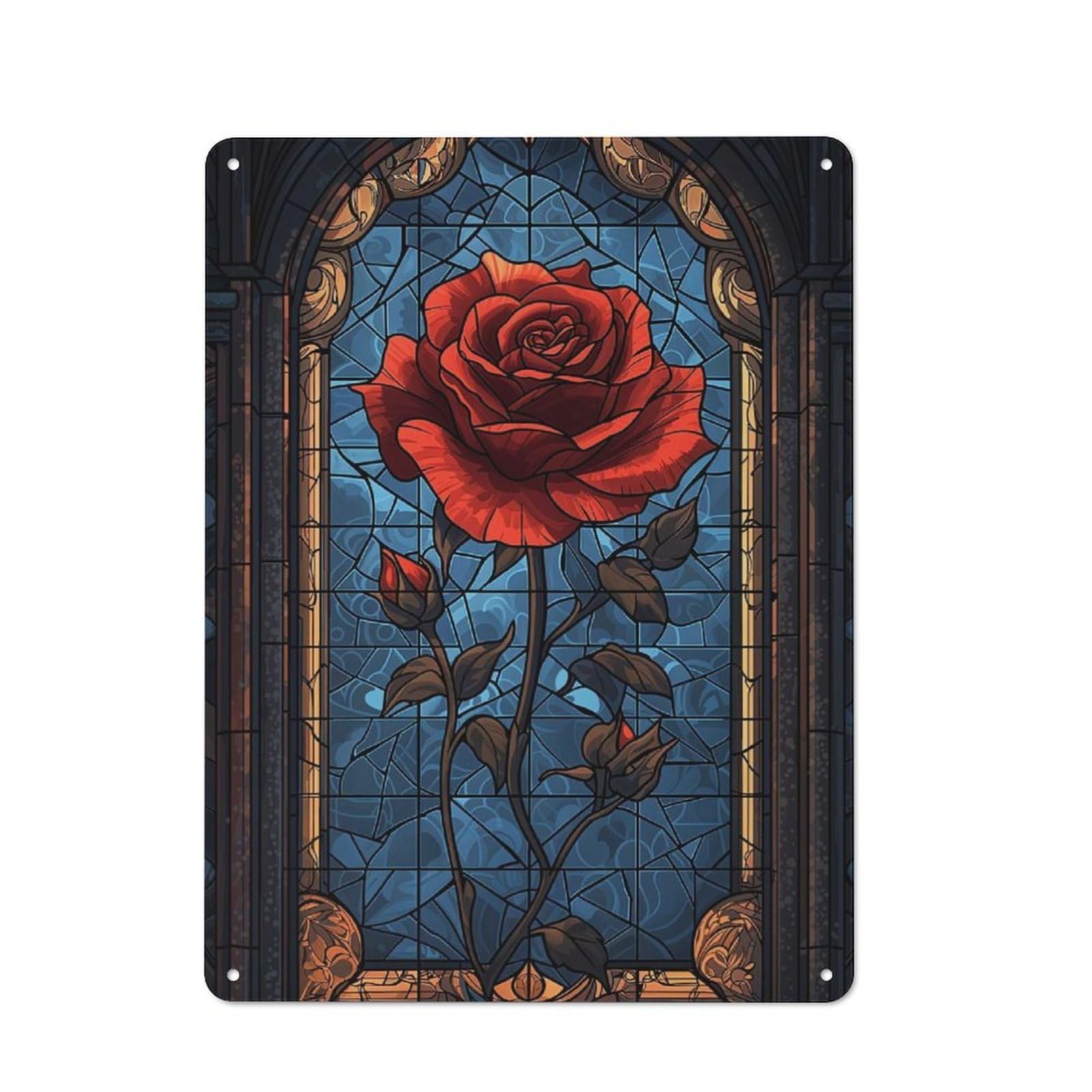 Junmoney Stained Glass Rose Country Farmhouse Metal Sign 40X30cm, Farmhouse Wall Decor For Dining Room, Cafe, Entryway Or Family Room